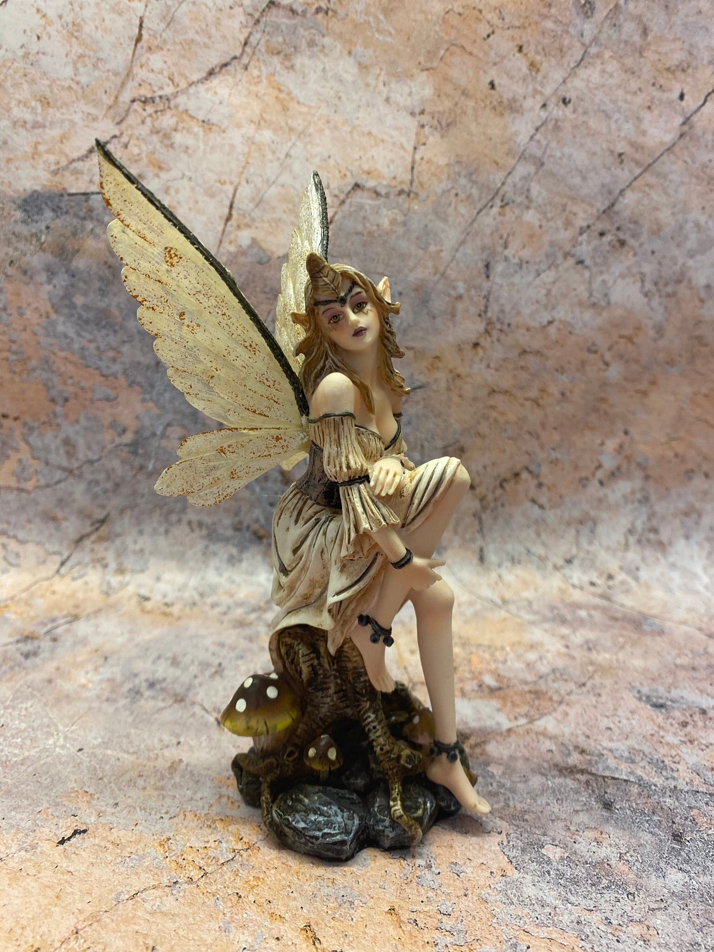 Enchanted Forest Fairy Figurine - Handcrafted Resin Fairy with Rustic Wings, Magical Mushroom Throne Decor, Fantasy Collectible-Osiris Craftworks