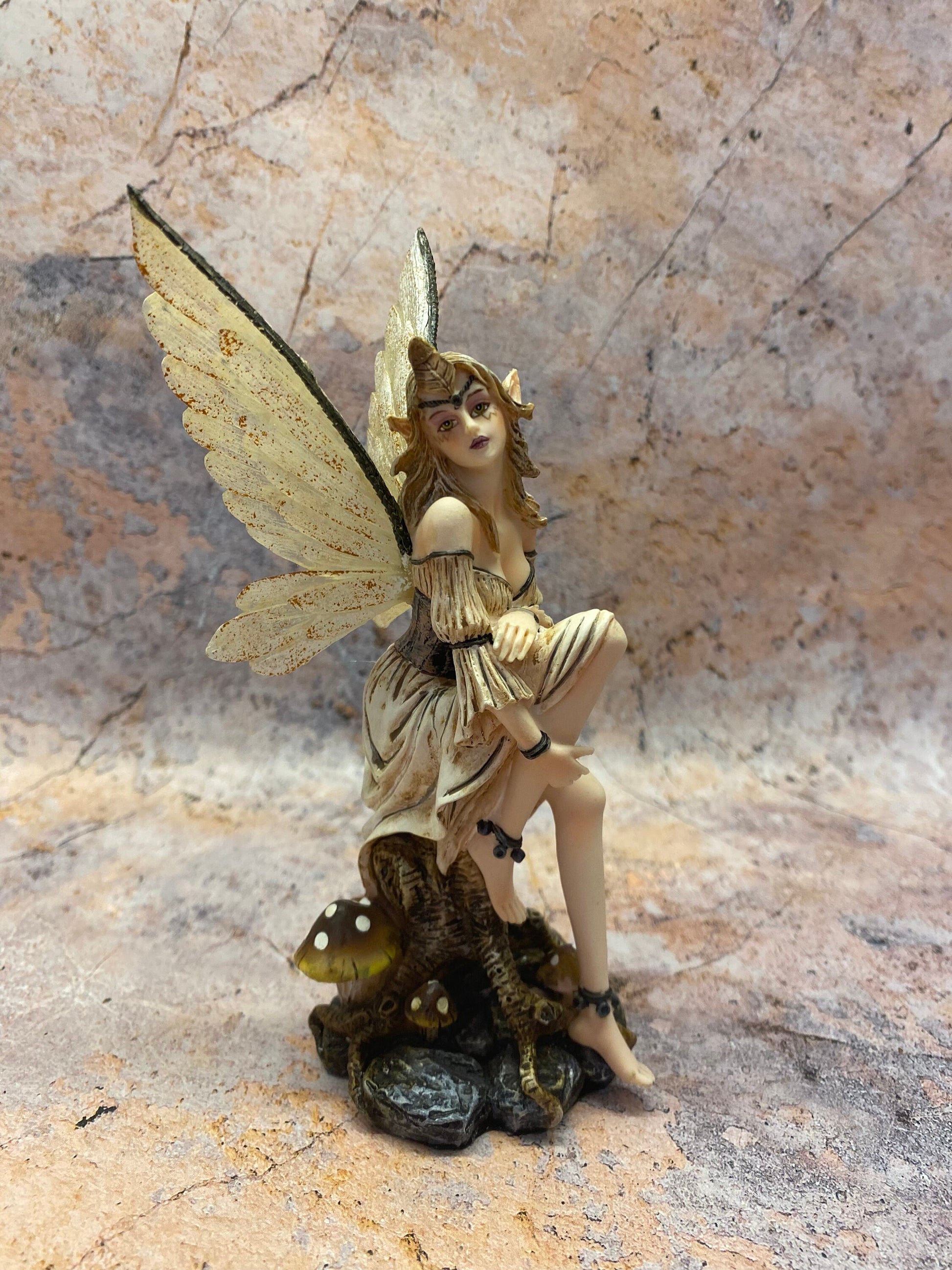 Enchanted Forest Fairy Figurine - Handcrafted Resin Fairy with Rustic Wings, Magical Mushroom Throne Decor, Fantasy Collectible-Osiris Craftworks