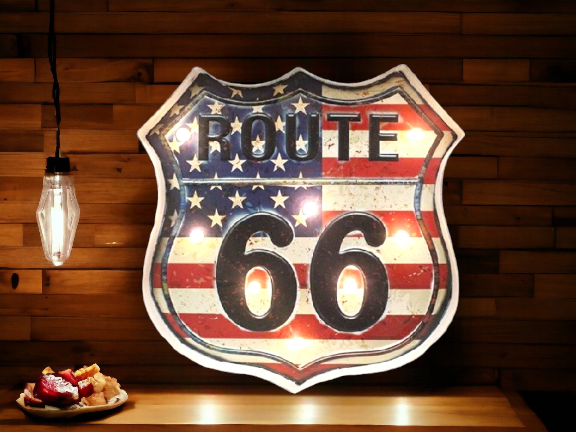 Patriotic Route 66 LED Shield Sign - Americana Highway Emblem Light-Up Wall Decor-Osiris Craftworks