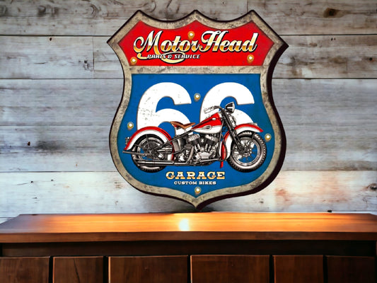 Vintage Motorhead Garage Metal Sign with LED Lights - Retro Motorcycle 3D Wall Art Decor-Osiris Craftworks