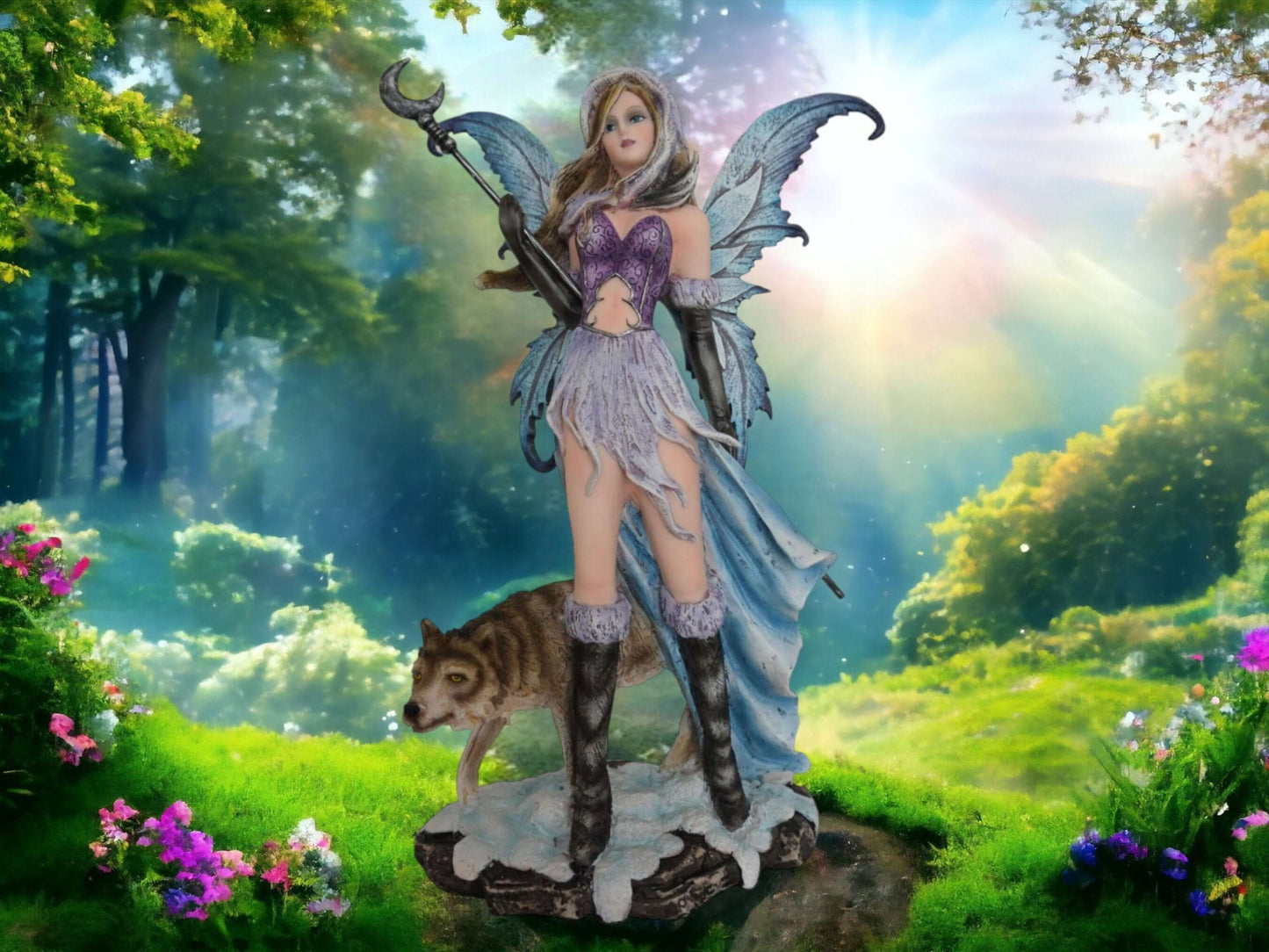 Enchanted Forest Fairy with Wolf Companion Statue - Mystical Resin Figurine for Fantasy Decor-Osiris Craftworks