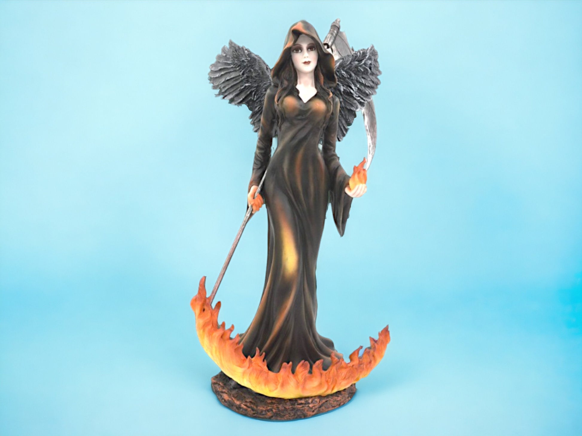 Mystical Fire Angel Statue - Enigmatic Dark Seraph with Scythe and Flames, Resin Crafted, Gothic Home Decor-Osiris Craftworks