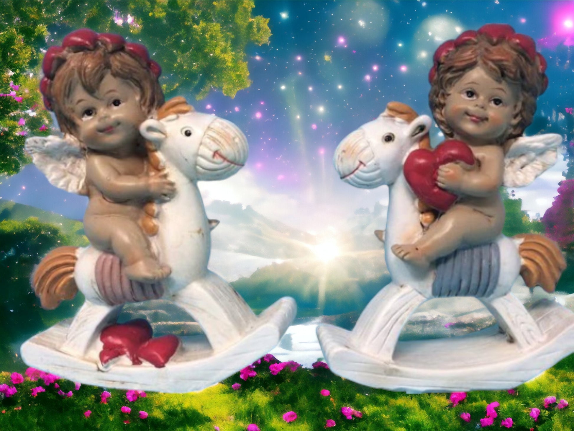 Pair of Guardian Angel Figurine Cherub on Rocking Horse Holding Heart Ornament-Osiris Craftworks