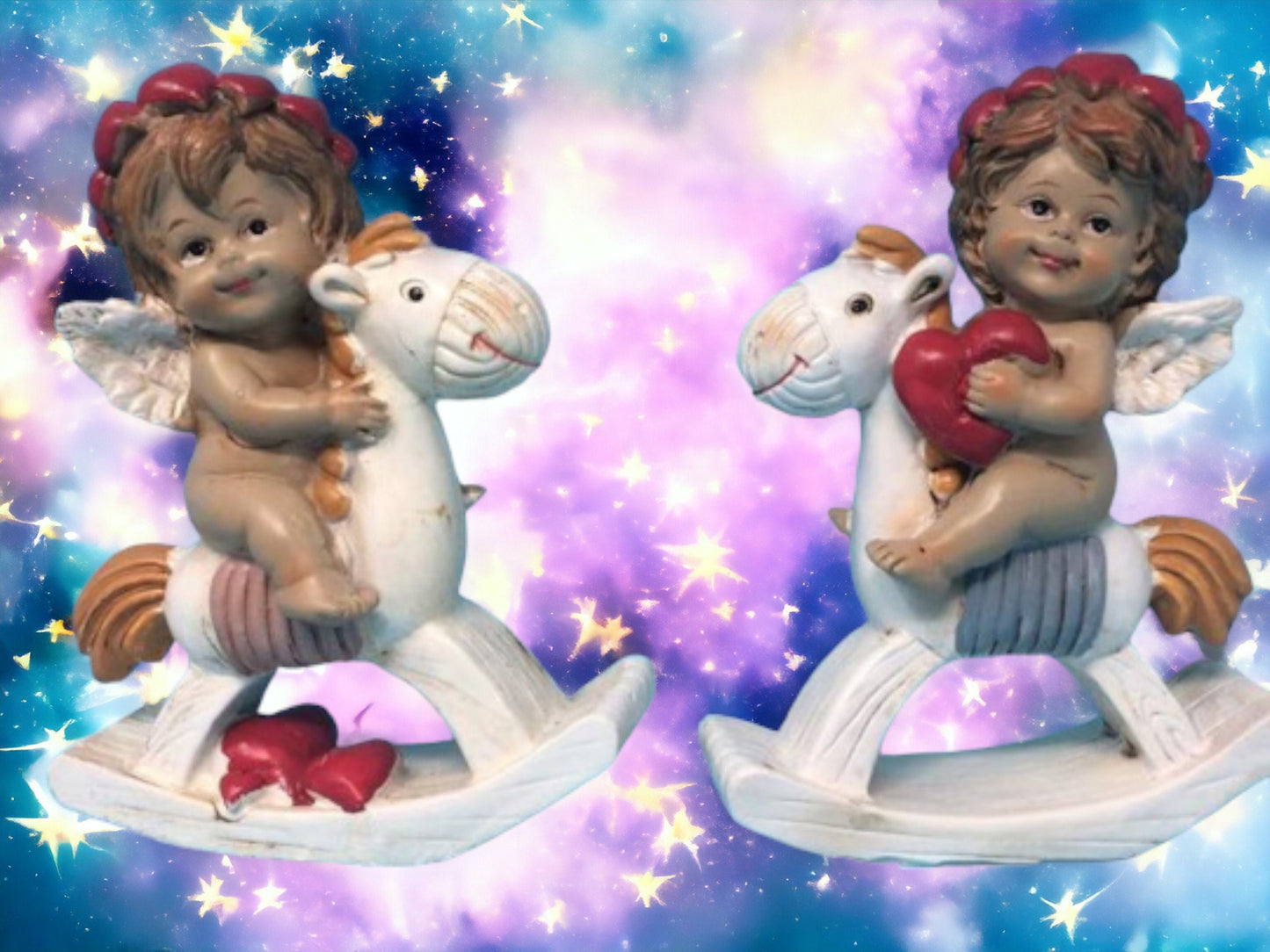 Pair of Guardian Angel Figurine Cherub on Rocking Horse Holding Heart Ornament-Osiris Craftworks