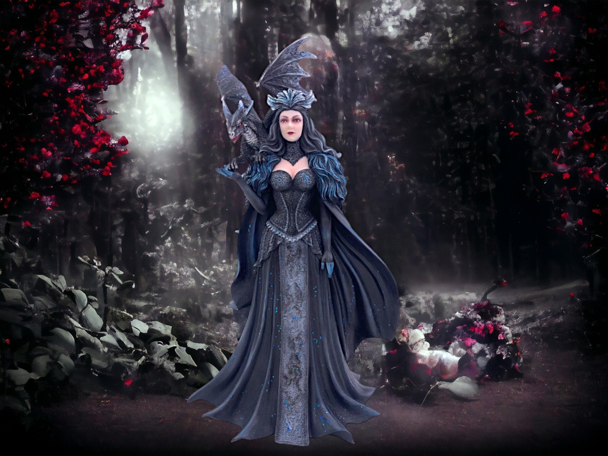 Enchanting Gothic Fairy and Majestic Dragon Statue, Fantasy Enthusiast Collectible Figurine, Mythical Centerpiece, Elegant Dark Sorceress-Osiris Craftworks