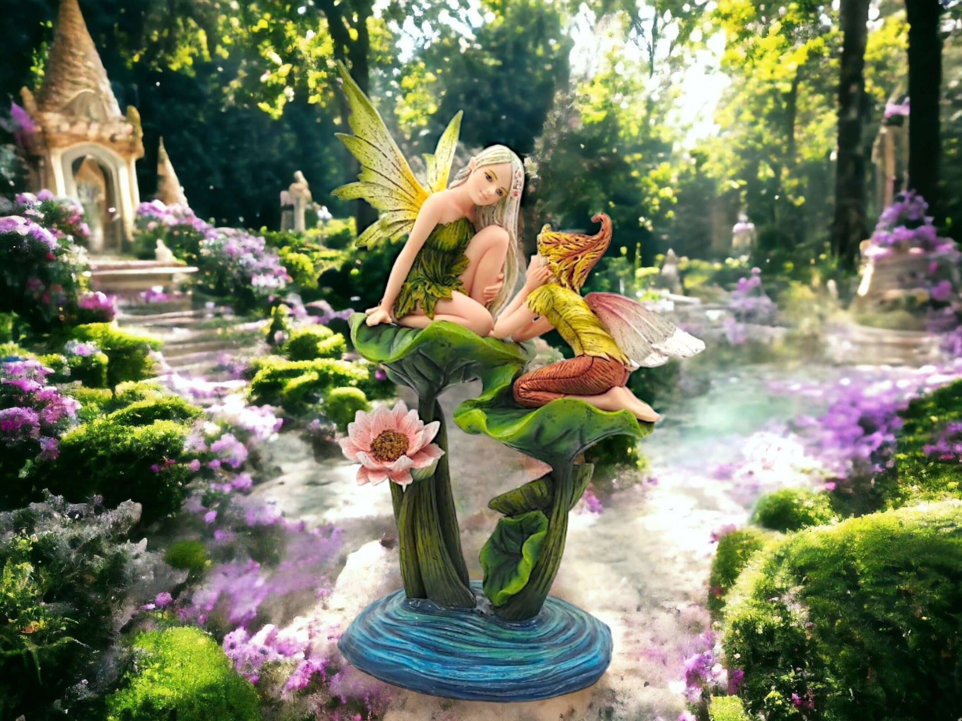 Whimsical Woodland Fairy Siblings Figurine | Enchanting Forest Children & Lotus | Handcrafted Resin Decor | Fantasy Art Piece-Osiris Craftworks