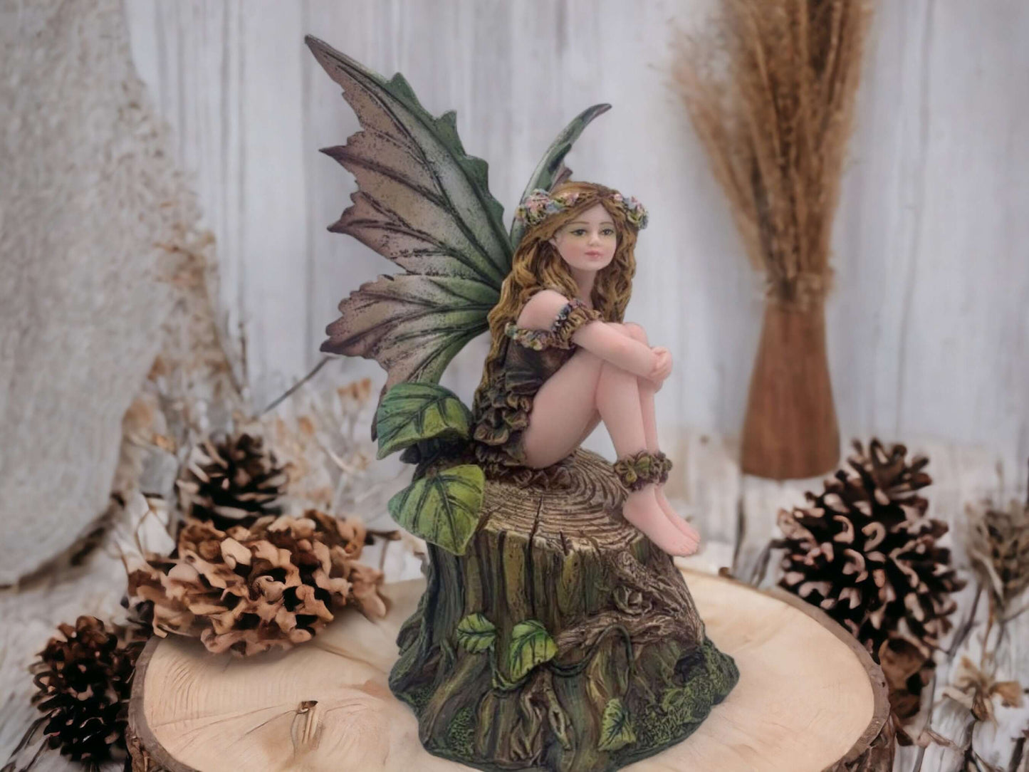 Enchanted Forest Nymph Figurine | Delicate Woodland Fairy Perched on Tree Stump | Hand-Painted Resin Fantasy Statue | Nature-Inspired Decor-Osiris Craftworks