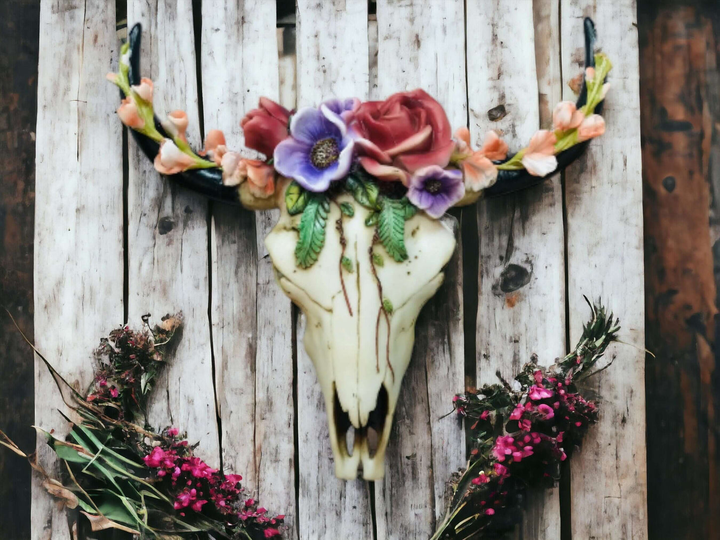 Floral Cow Skull Wall Decor | Cold Cast Resin | Bohemian Wall Art | Rustic Flower Crown Skull | Unique Home Accent | Boho Chic Gift-Osiris Craftworks