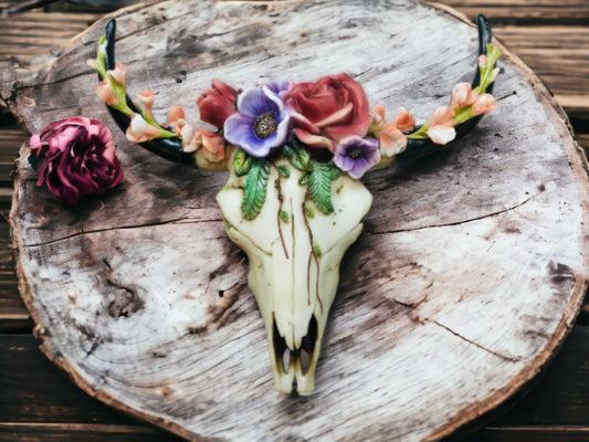 Floral Cow Skull Wall Decor | Cold Cast Resin | Bohemian Wall Art | Rustic Flower Crown Skull | Unique Home Accent | Boho Chic Gift-Osiris Craftworks