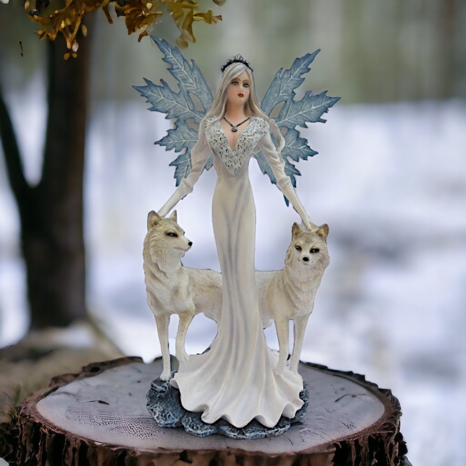 Mystic Winter Guardian Angel with Wolves Statue | Ethereal Ice Wolf Companions Figurine | Celestial Resin Sculpture | Majestic Decor-Osiris Craftworks