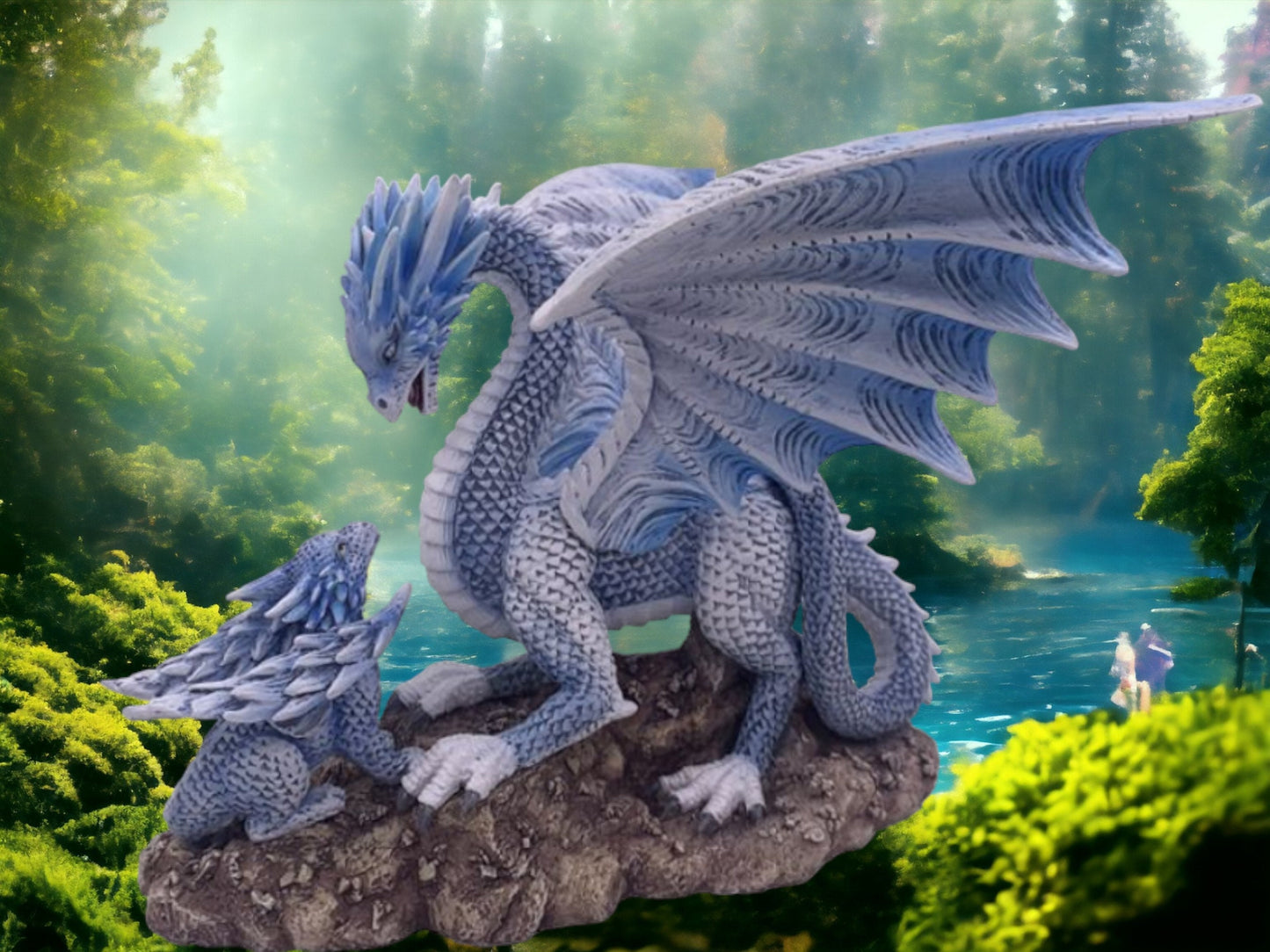 Figurine enchanteresse de dragon bleu céleste et de son nouveau-né, sculpture de dragon fantastique mystique pour décoration d'intérieur, art fantastique de collection unique