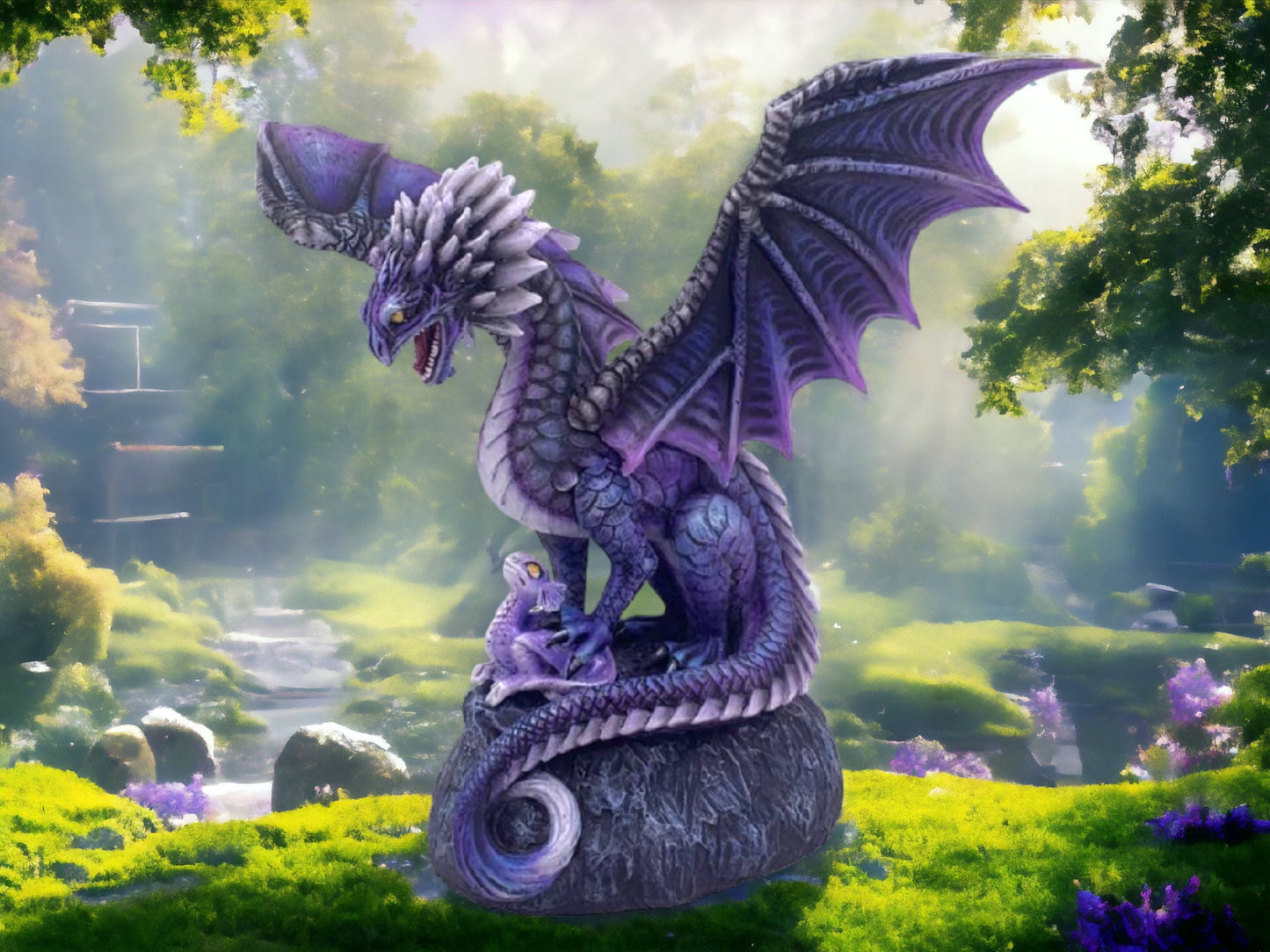 Sculpture duo de dragon en améthyste enchanté - Figurine violette majestueuse - Statue en résine d'art fantastique mystique - Décoration d'intérieur de créature fantaisiste