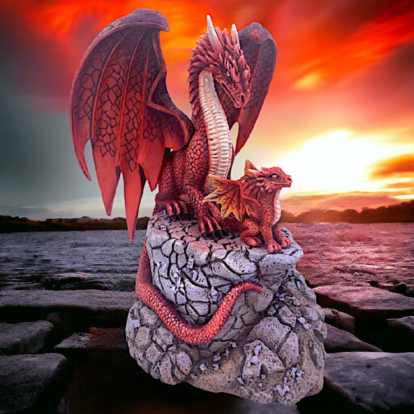 Figurine fascinante de dragon rouge et de son nouveau-né - Statue de bête mythique fabriquée à la main pour une décoration fantastique - Sculpture de dragon en résine de collection