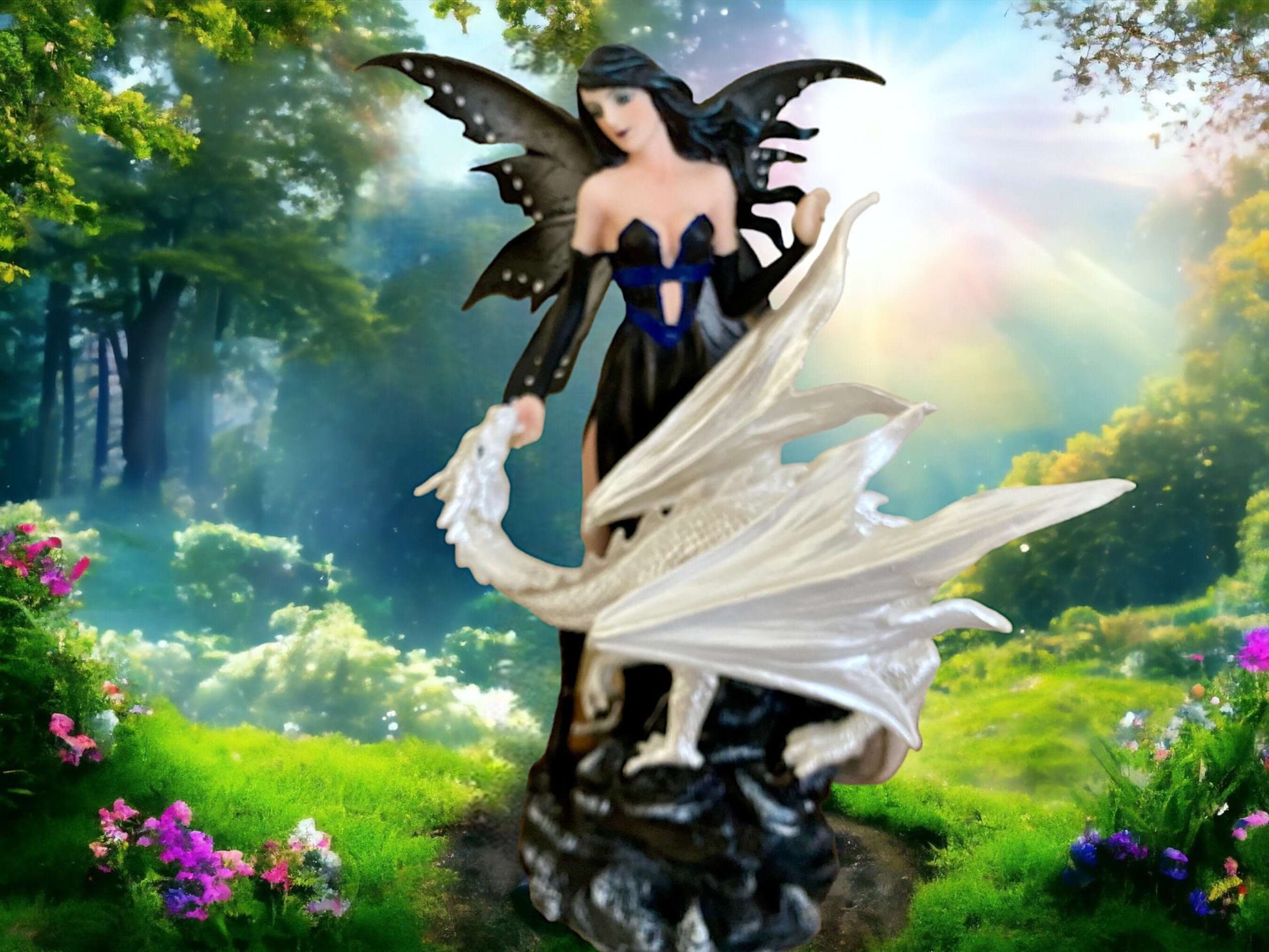 Resin Fairy with Dragon Statue | Enigmatic Gothic Fantasy Sculpture Black and White Winged Fairy Art | Collector's Dragon Figurine-Osiris Craftworks