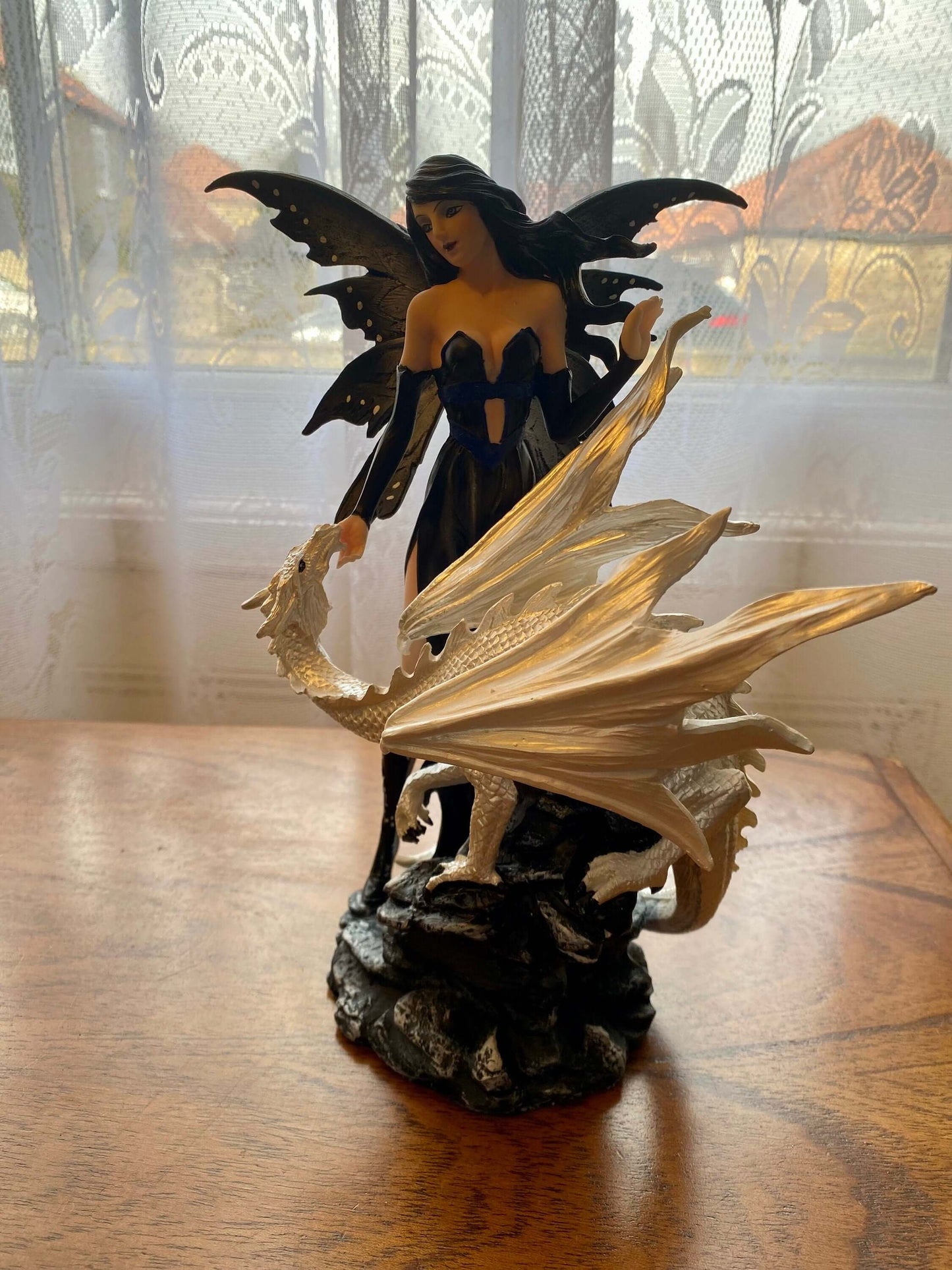 Resin Fairy with Dragon Statue | Enigmatic Gothic Fantasy Sculpture Black and White Winged Fairy Art | Collector's Dragon Figurine-Osiris Craftworks