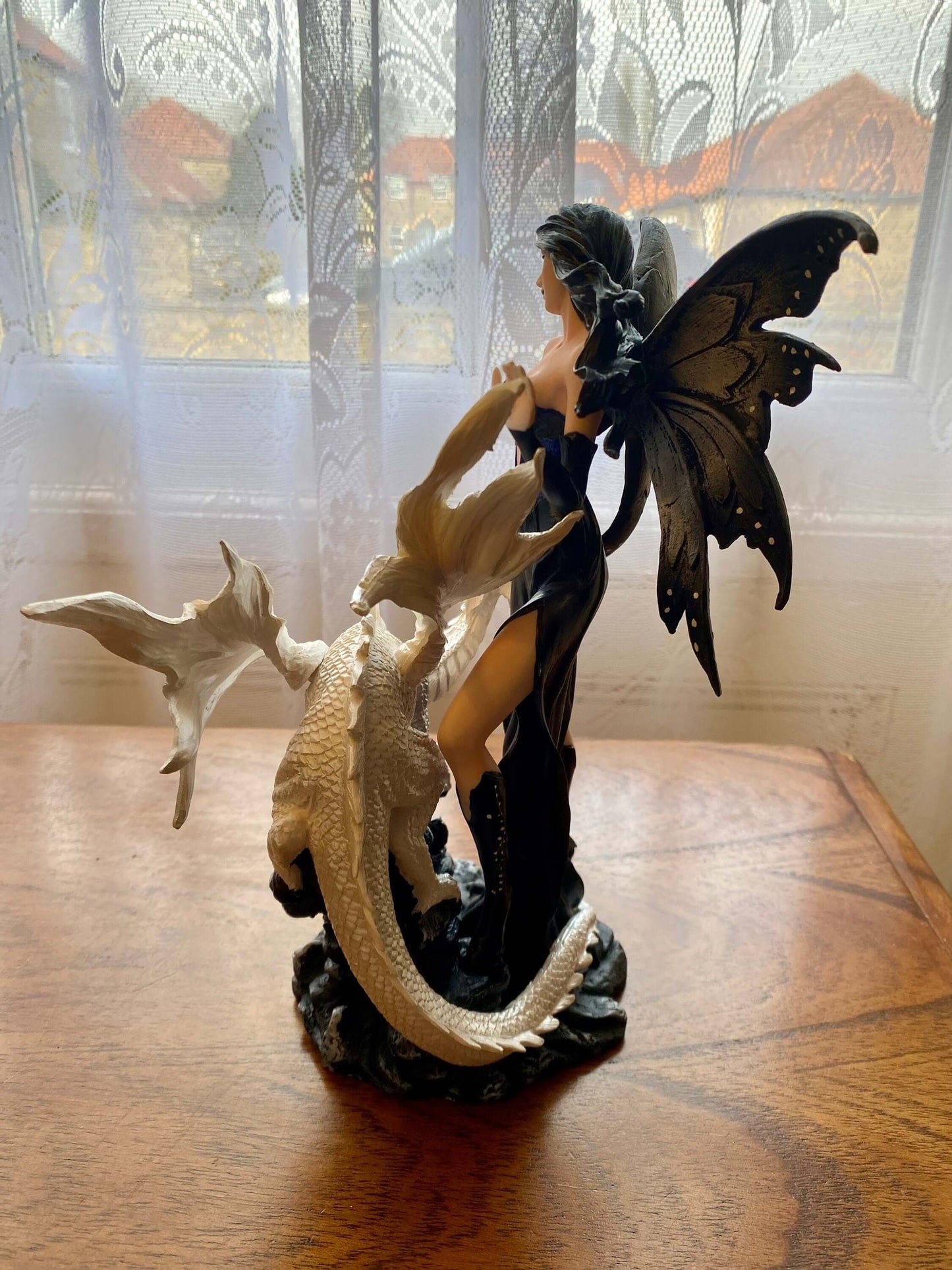 Resin Fairy with Dragon Statue | Enigmatic Gothic Fantasy Sculpture Black and White Winged Fairy Art | Collector's Dragon Figurine-Osiris Craftworks