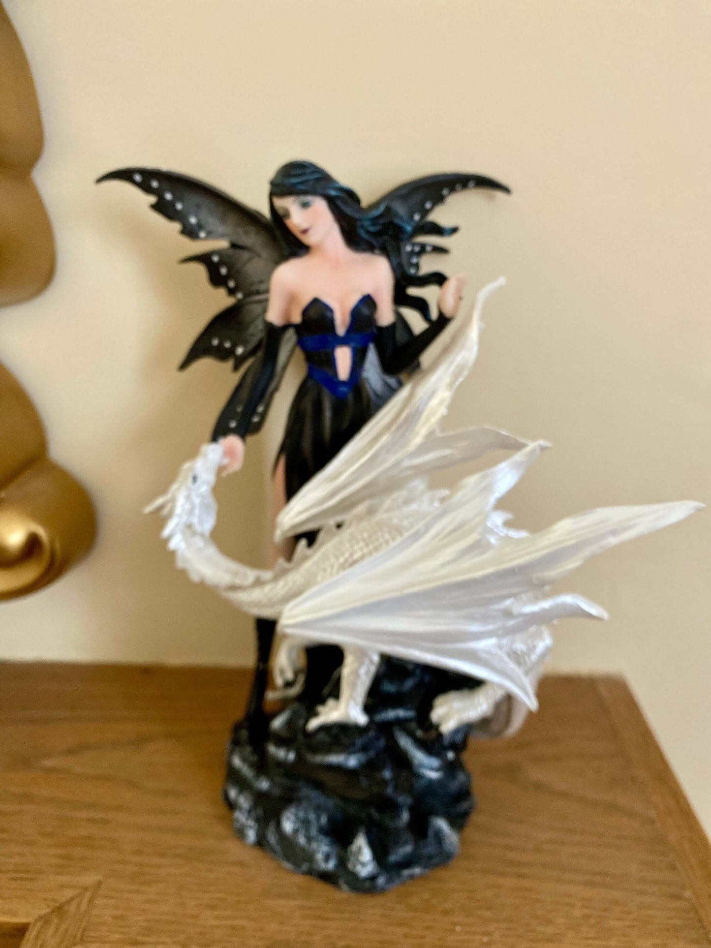 Resin Fairy with Dragon Statue | Enigmatic Gothic Fantasy Sculpture Black and White Winged Fairy Art | Collector's Dragon Figurine-Osiris Craftworks