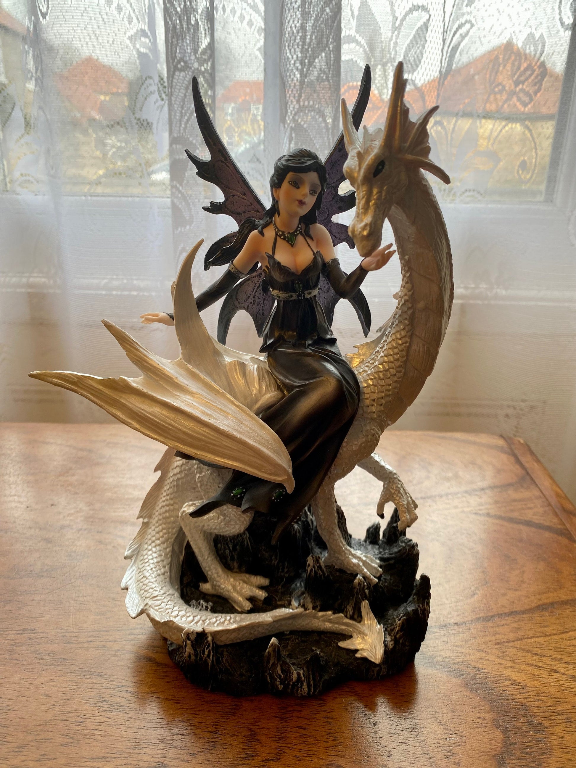 Enchantress & Dragon Figurine - Mystical Gothic Fairy with White Dragon Statue | Fantasy Resin Art | Collector's Magic Decor Piece-Osiris Craftworks