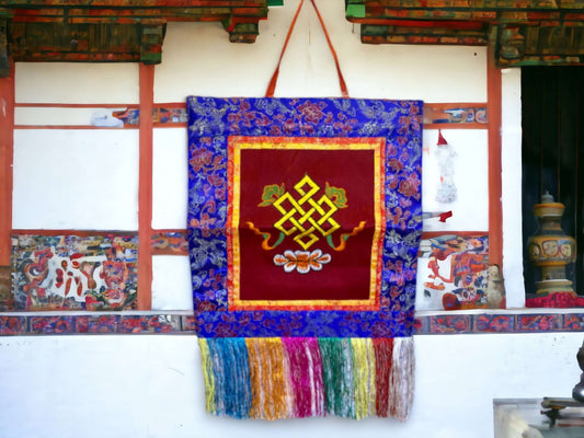 Tibetan Endless Knot Wall Hanging, Handcrafted Brocade Silk & Cotton Banner, Authentic Meditation Decor, Spiritual Symbol, 17x41cm-Osiris Craftworks