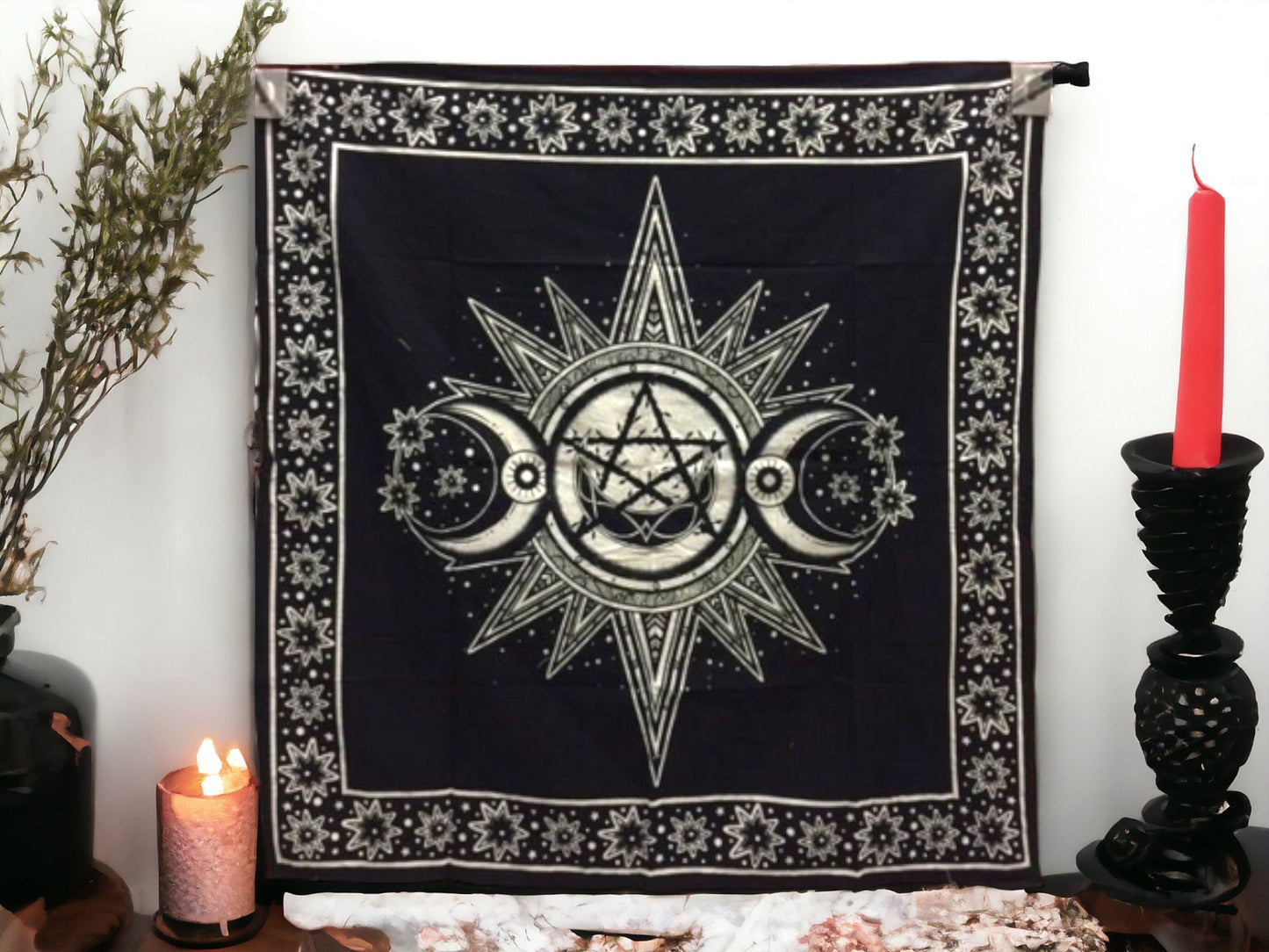 Enchanted Triple Moon Goddess Tarot Cloth - Celestial Pagan Altar Cover, Sacred Geometry Wall Tapestry, Handcrafted Black & White Cotton-Osiris Craftworks