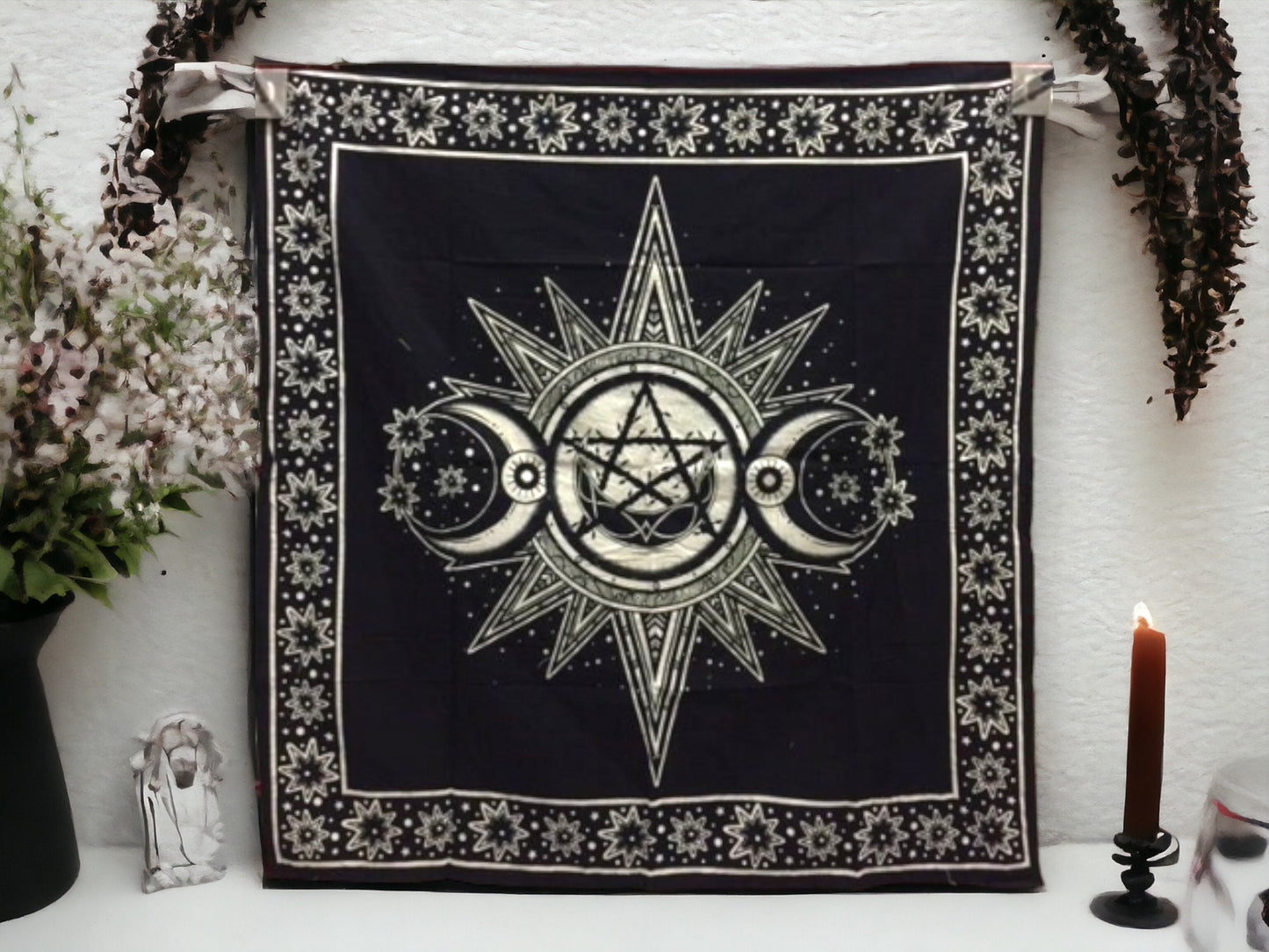 Enchanted Triple Moon Goddess Tarot Cloth - Celestial Pagan Altar Cover, Sacred Geometry Wall Tapestry, Handcrafted Black & White Cotton-Osiris Craftworks