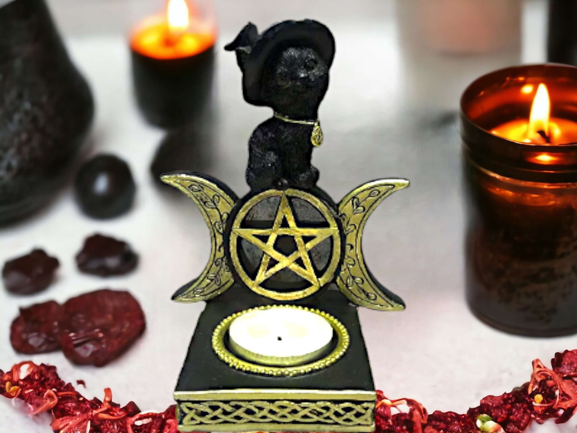 Enchanting Witch's Familiar: Triple Moon Goddess Cat Candle Holder with Witchcraft and Pagan Symbolism-Osiris Craftworks