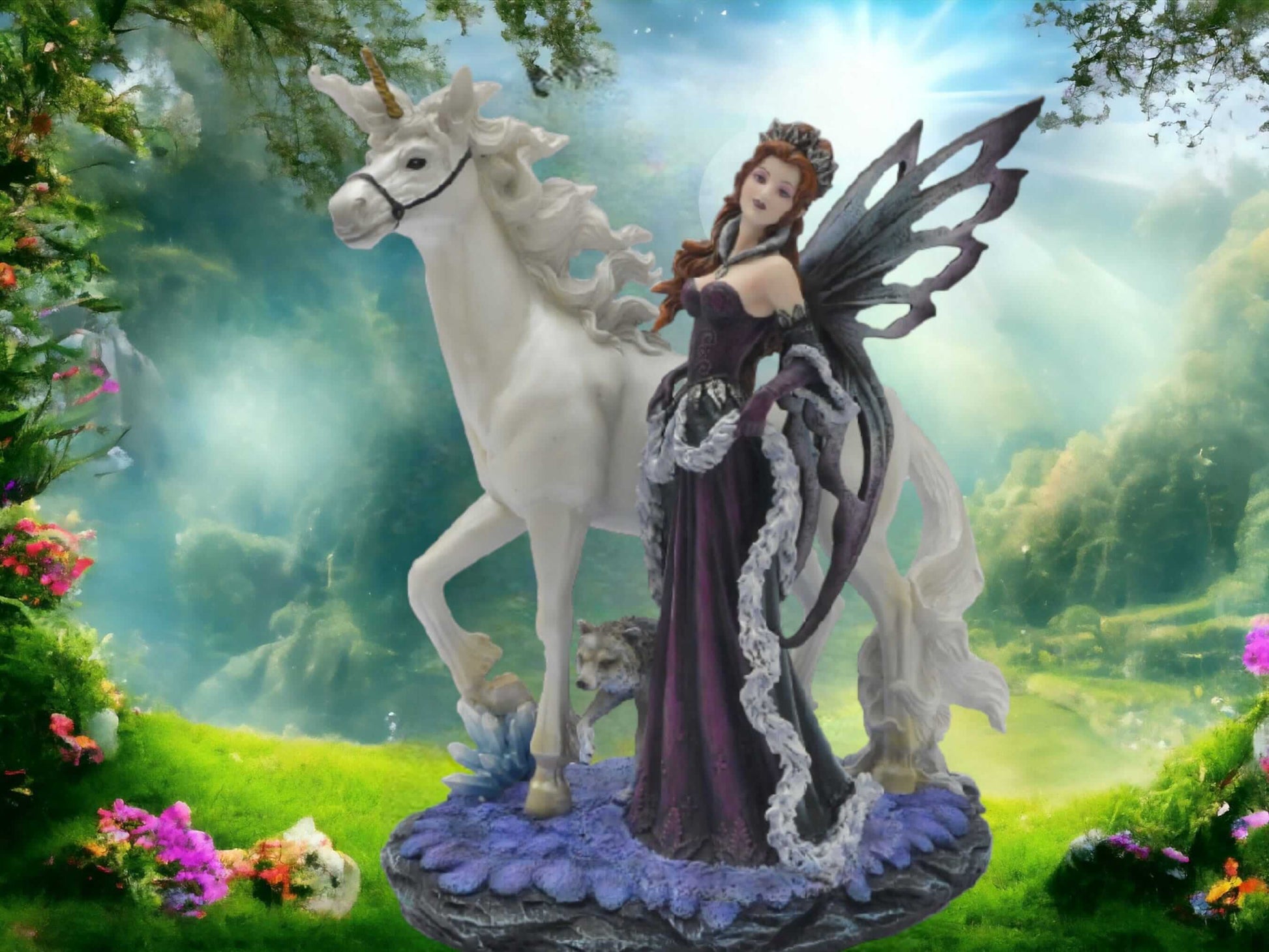 Enchanted Realm Elegance Statue - Resplendent Fairy and Unicorn Duo, Graceful Fantasy Resin Sculpture, Home Accent Piece-Osiris Craftworks