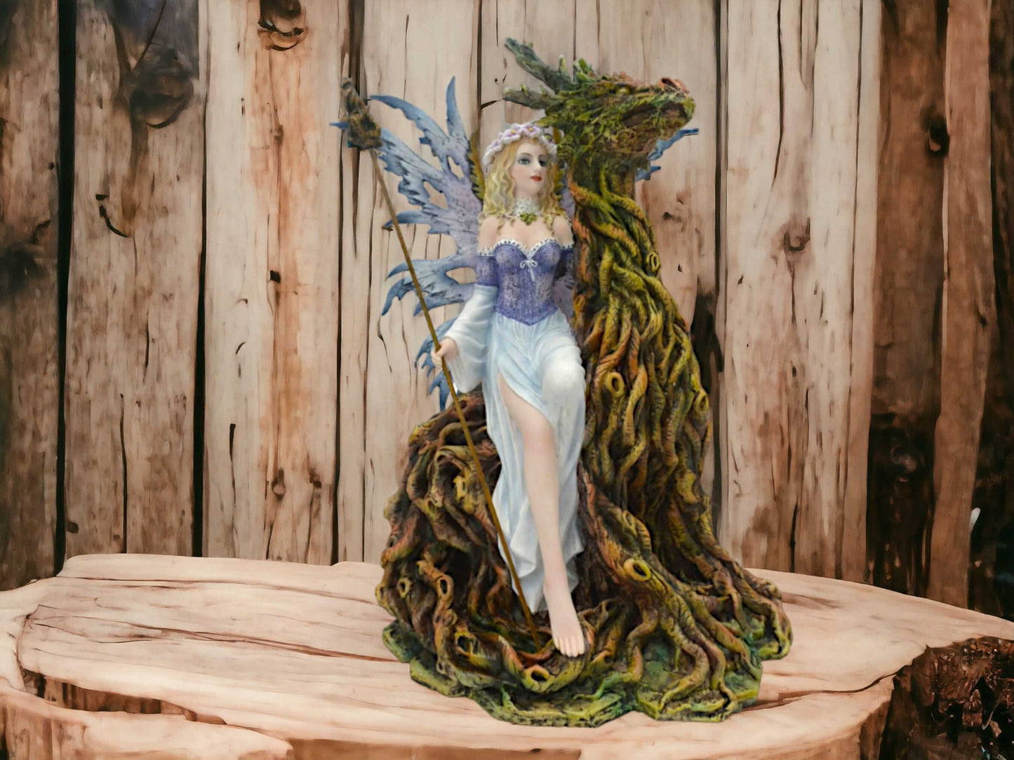 Mystical Guardian Fairy with Green Man Dragon Statue - Enchanting Sculpture, Fantasy Woodland Decor, Ethereal Art Enchanted Forest Accent-Osiris Craftworks