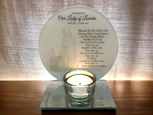 Glass Prayer Plaque to Our Lady of Lourdes with Candle Holder Mirrored Devotional Stand, Catholic Religious Gift, Spiritual Decor-Osiris Craftworks