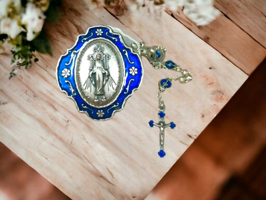 Handmade Our Lady of the Miraculous Metal Rosary Beads with Matching Rosary Box - Spiritual Catholic Prayer Set with Metal Rose Detail