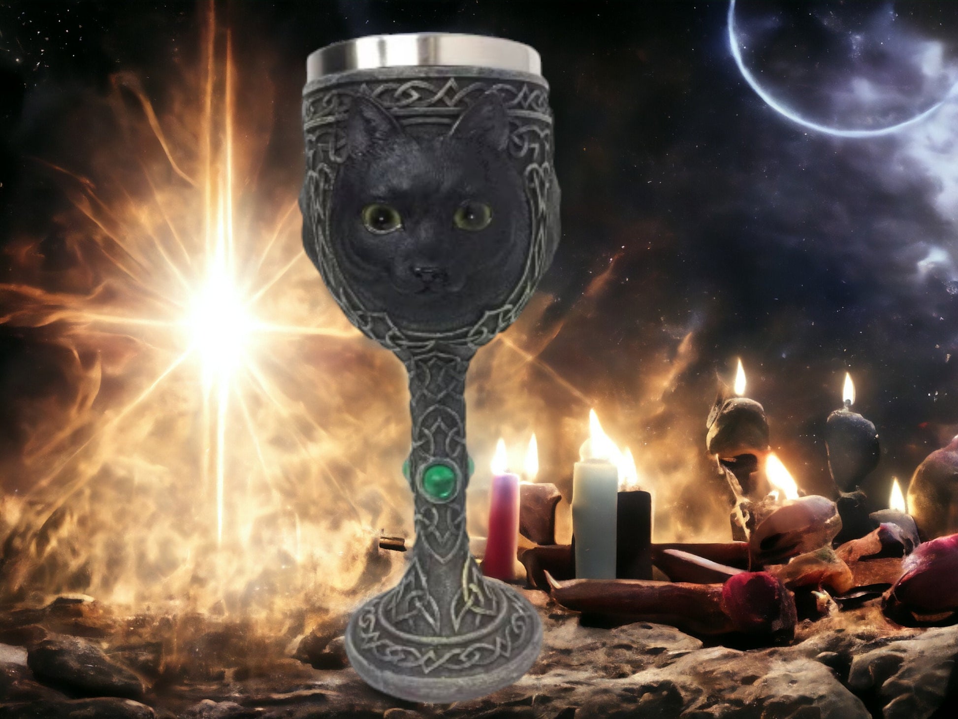 Enchanted Black Cat Resin Goblet - Handcrafted Pagan Chalice with Metal Insert, Witchcraft Altar Decor, Mystic Kitchenware, Wiccan.-Osiris Craftworks