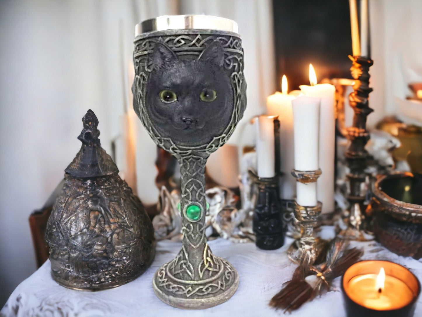 Enchanted Black Cat Resin Goblet - Handcrafted Pagan Chalice with Metal Insert, Witchcraft Altar Decor, Mystic Kitchenware, Wiccan.-Osiris Craftworks