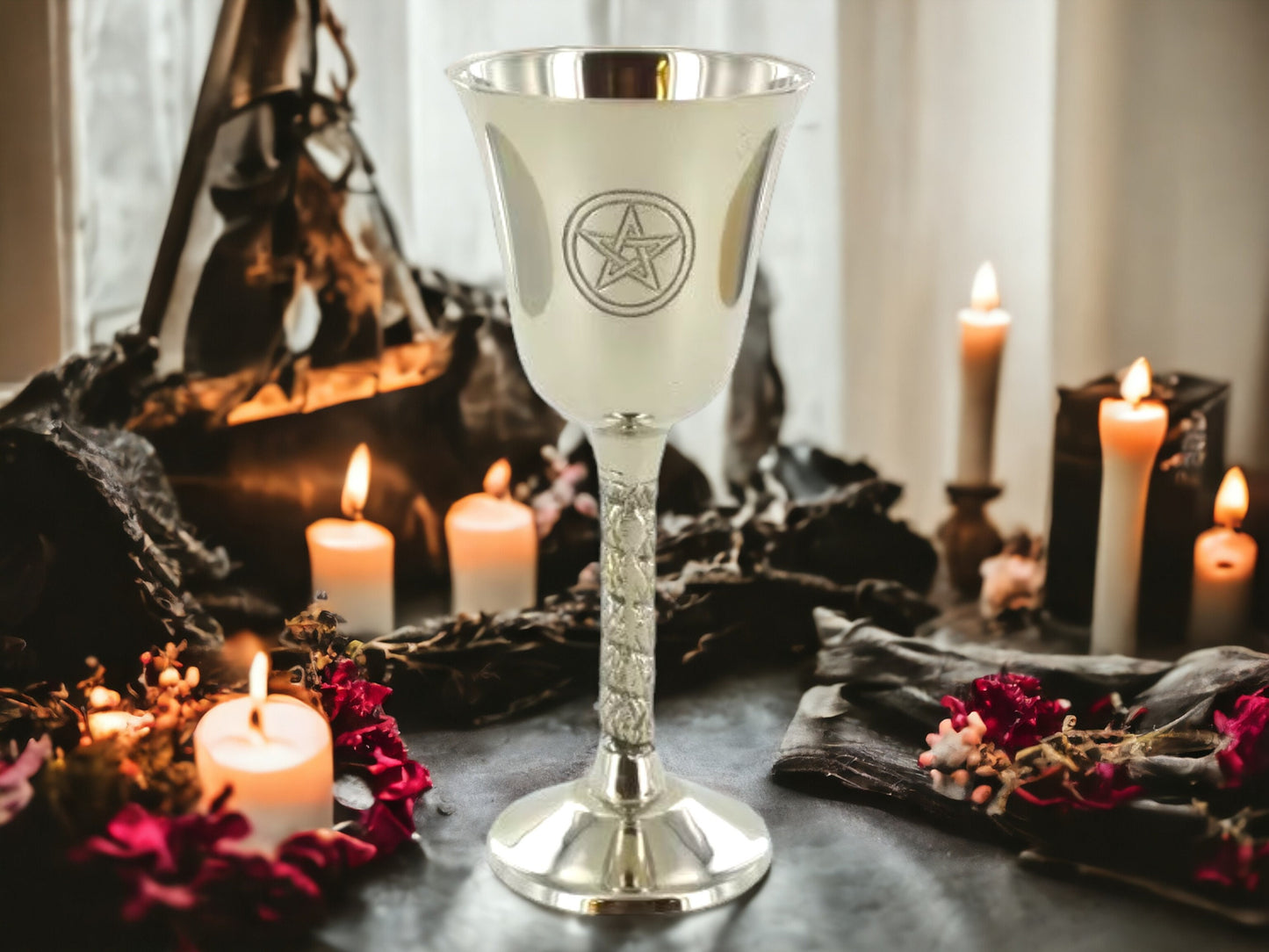 Elegant Pentagram-Embossed Silver Goblet - Metal Ritual Cup with Shiny Finish Occult Collectible, Wiccan Altar Chalice-Osiris Craftworks