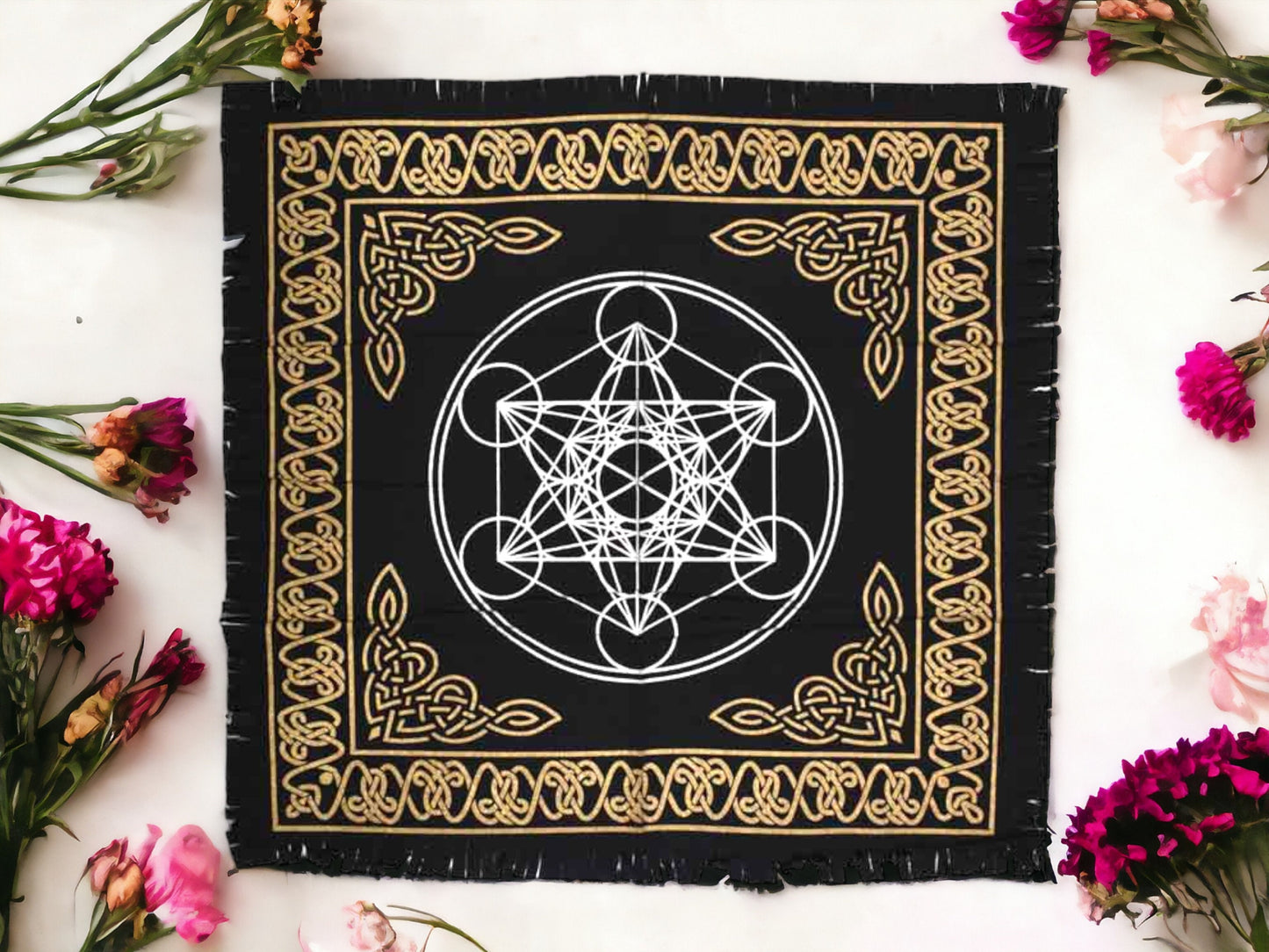 Mystical Metatron's Cube Altar Cloth | Premium 100% Cotton Handmade Sacred Geometry Tapestry | Spiritual Home Decor from India | 60x60cm-Osiris Craftworks