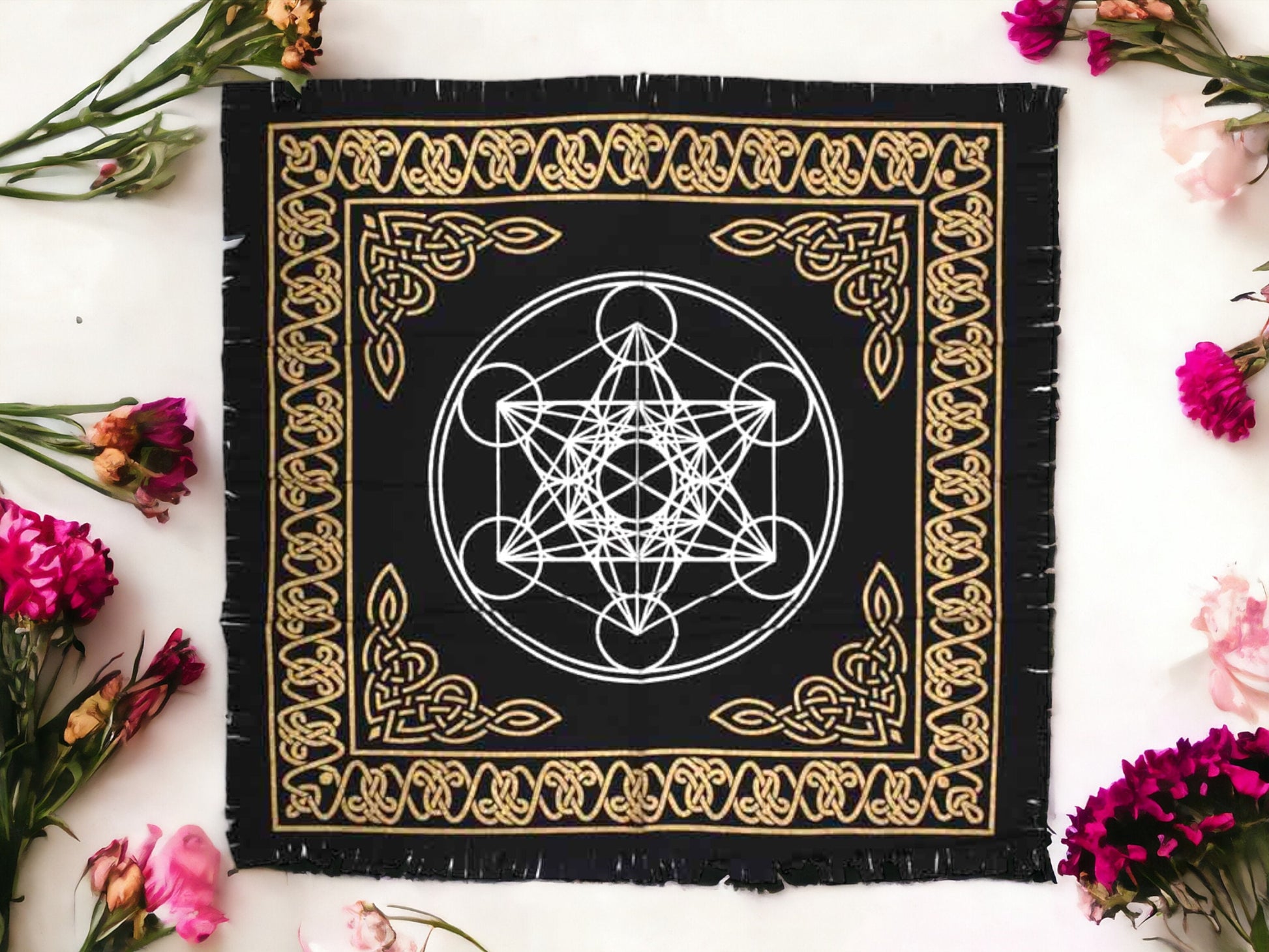 Mystical Metatron's Cube Altar Cloth | Premium 100% Cotton Handmade Sacred Geometry Tapestry | Spiritual Home Decor from India | 60x60cm-Osiris Craftworks