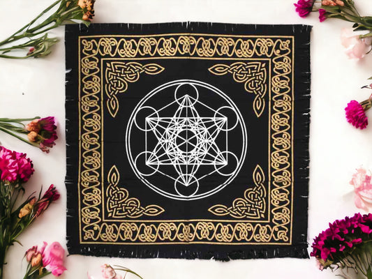 Mystical Metatron's Cube Altar Cloth | Premium 100% Cotton Handmade Sacred Geometry Tapestry | Spiritual Home Decor from India | 60x60cm-Osiris Craftworks