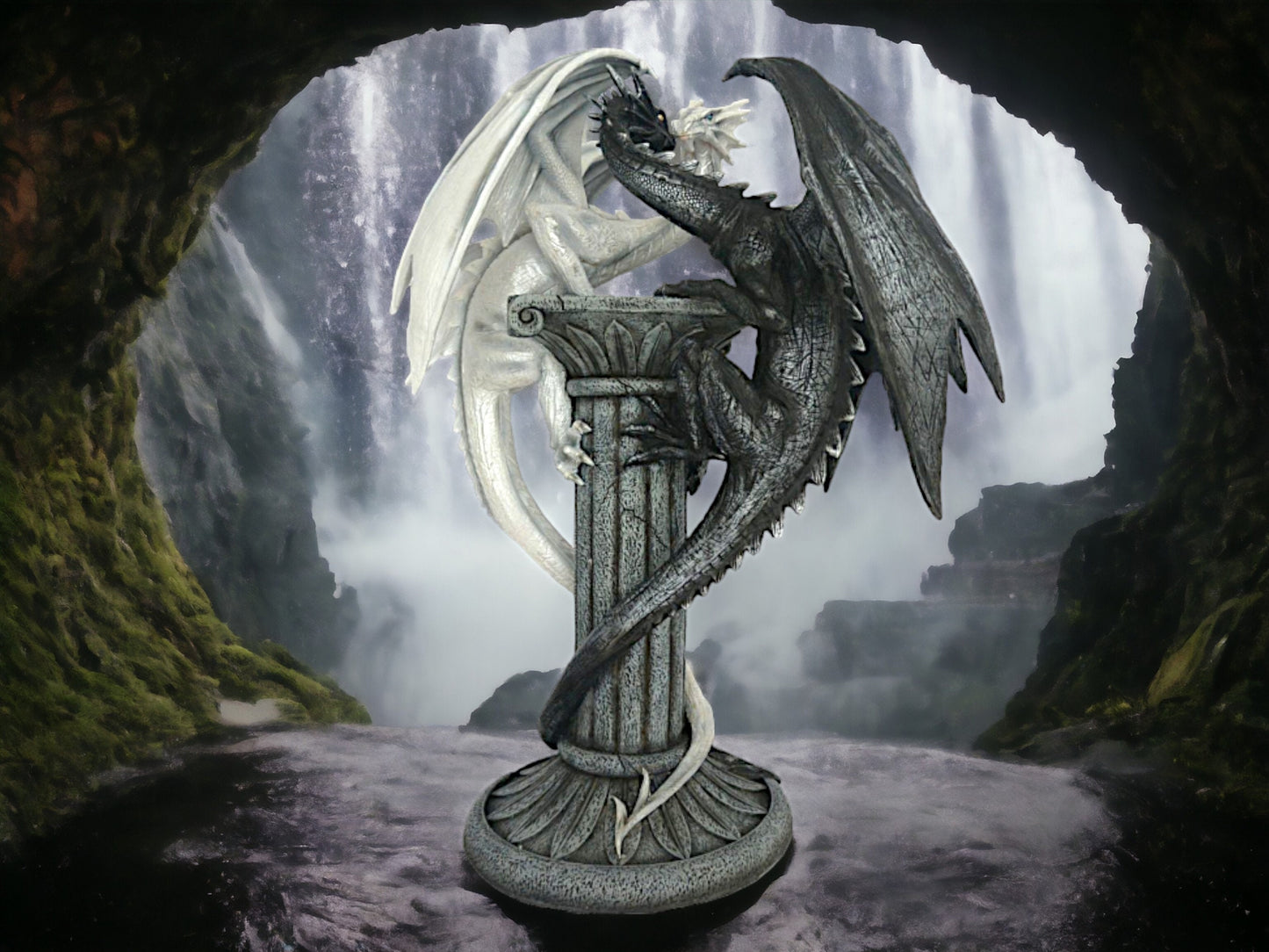 Skulptur einer epischen Drachenschlacht – einfarbige Fantasy-Statue aus Kunstharz – majestätisches Drachenduell-Ornament – ​​handbemaltes Dekor – 50 cm