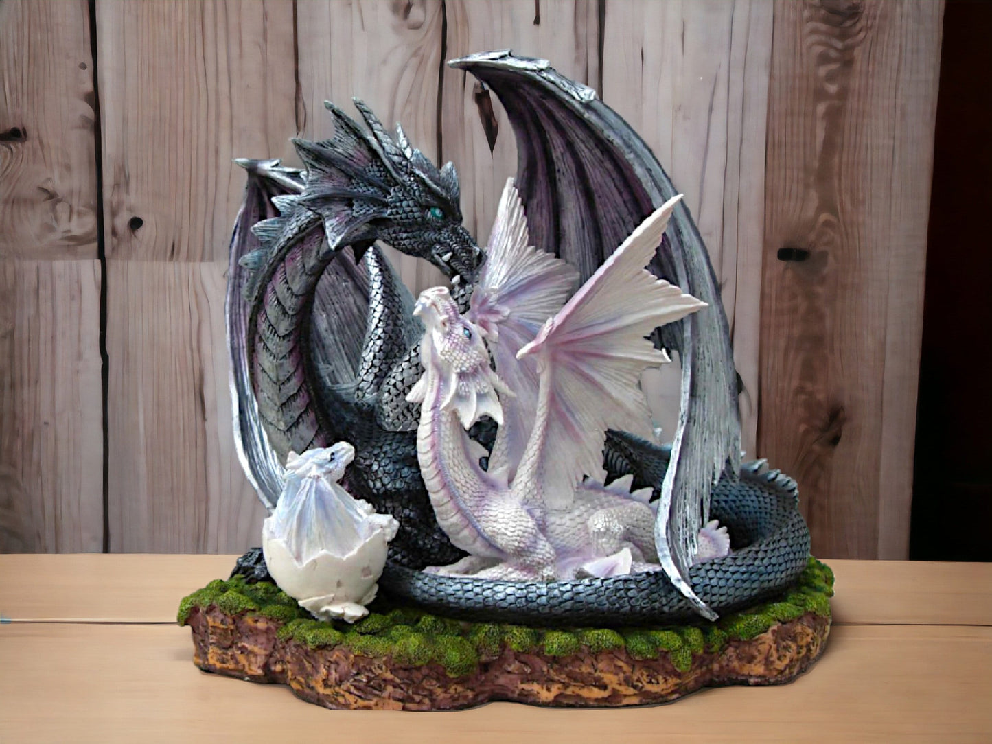 Sculpture de famille de dragons gardiens - Figurine de dragon en résine peinte à la main - Décor fantastique - Mère protectrice avec ses nouveau-nés