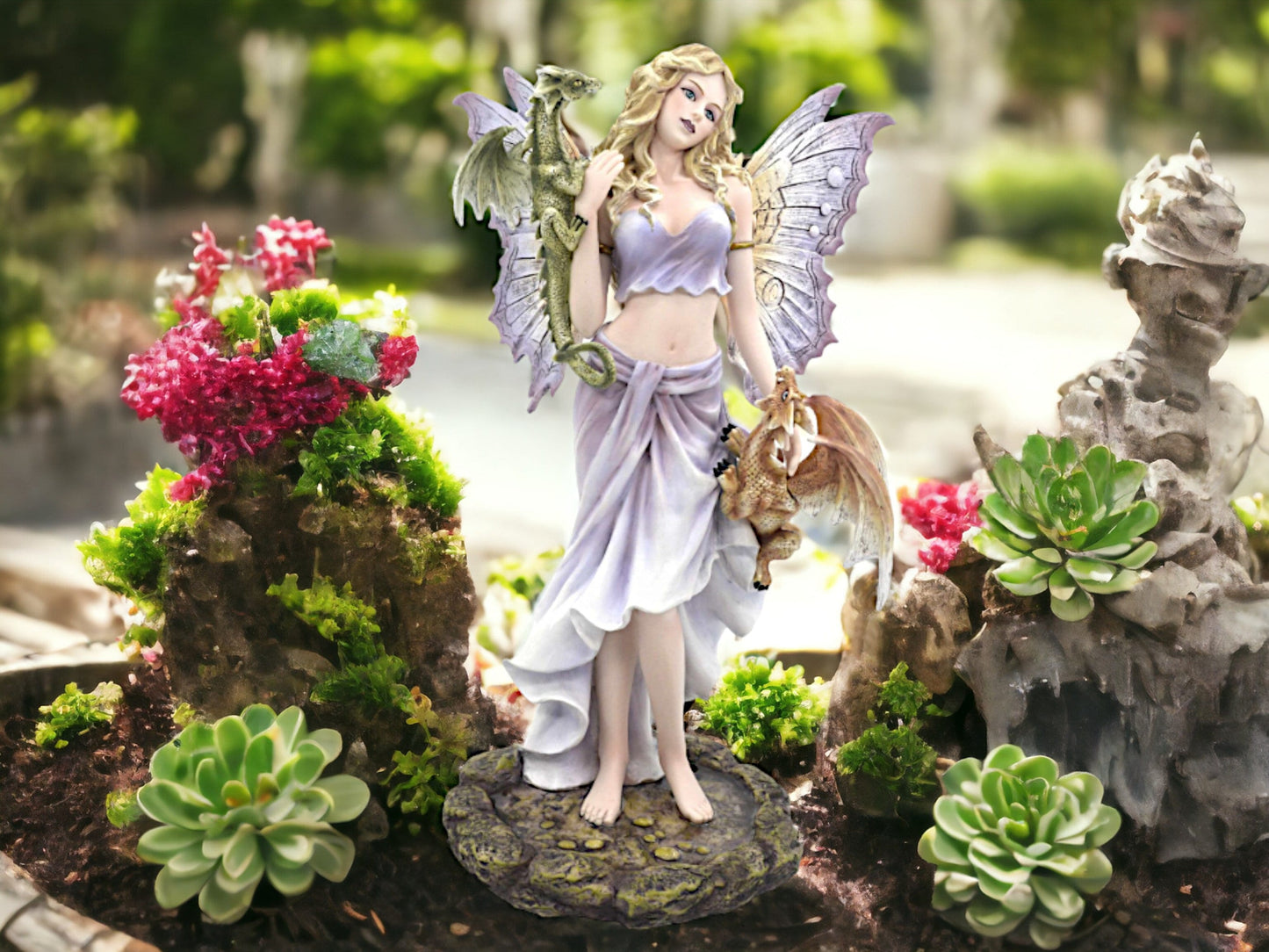 Enchanted Fairy and Dragons Statue - Majestic Resin Figurine - Ethereal Fantasy Sculpture with Guardian Dragons - 34cm-Osiris Craftworks