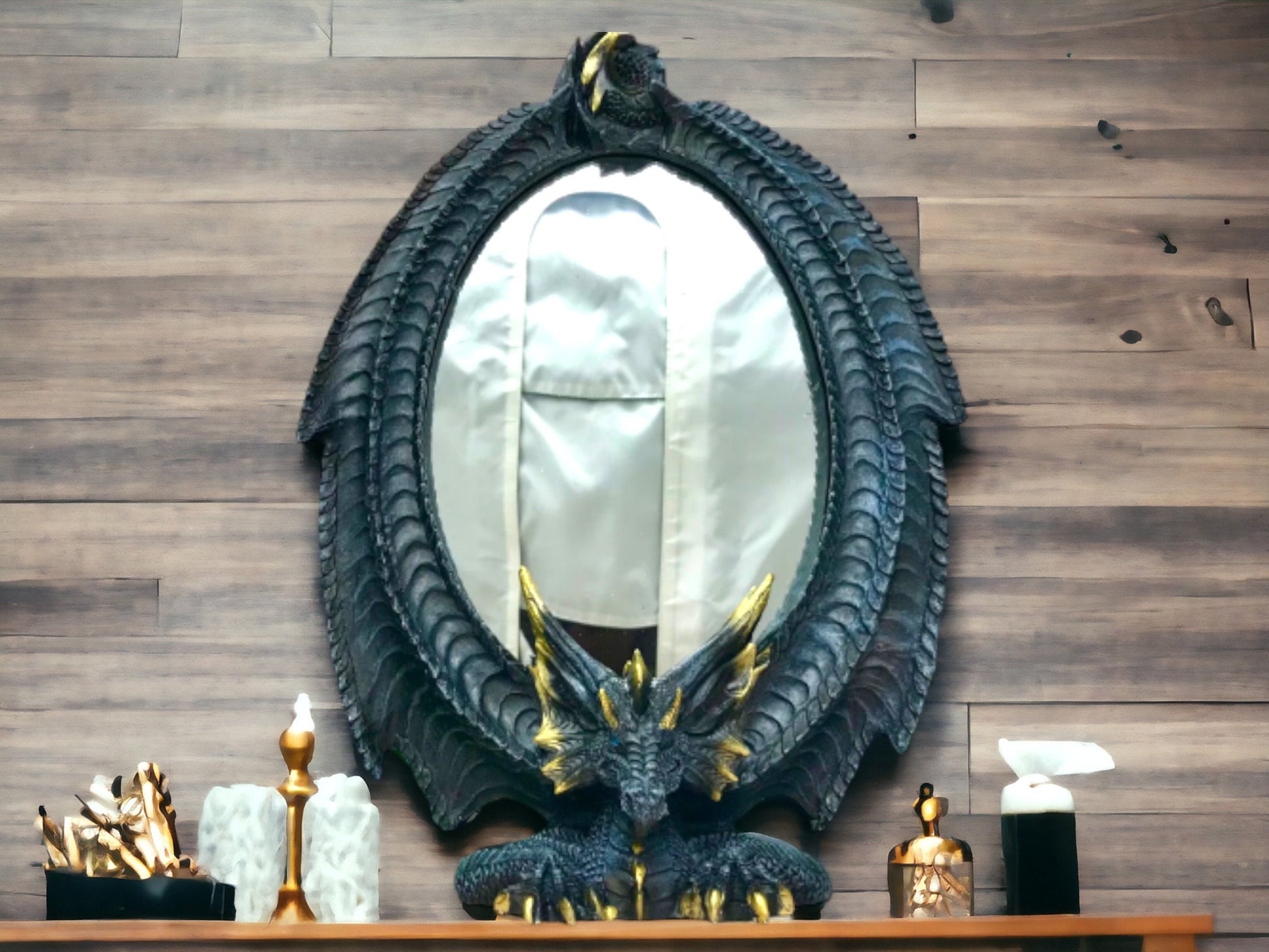 Enigmatic Dragon Guardian Mirror | Gothic Vanity Accent | Freestanding Mythical Decorative Mirror | Fantasy-Themed Home Ornament-Osiris Craftworks