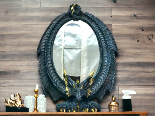 Enigmatic Dragon Guardian Mirror | Gothic Vanity Accent | Freestanding Mythical Decorative Mirror | Fantasy-Themed Home Ornament-Osiris Craftworks