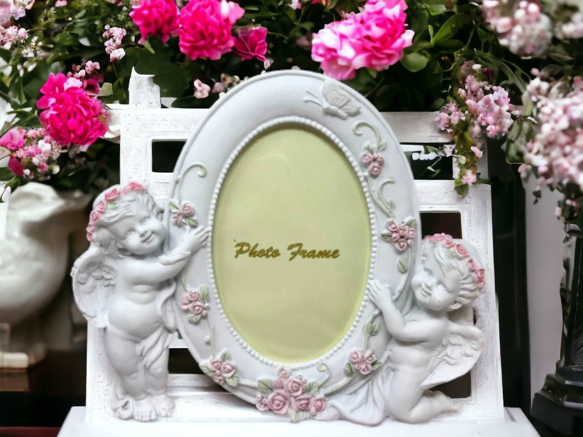 Angelic Cherubs Photo Frame, Heavenly Twin Angels Picture Holder, Enchanting Nursery Decor, Seraphic Keepsake Frame, Divine Love Accent-Osiris Craftworks