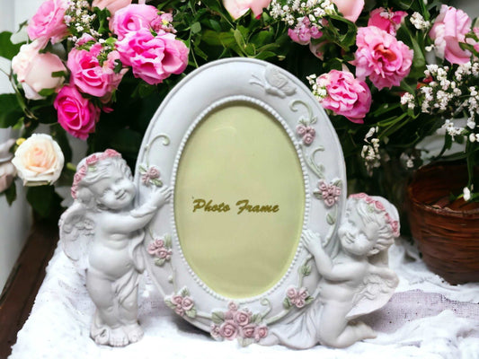 Angelic Cherubs Photo Frame, Heavenly Twin Angels Picture Holder, Enchanting Nursery Decor, Seraphic Keepsake Frame, Divine Love Accent-Osiris Craftworks