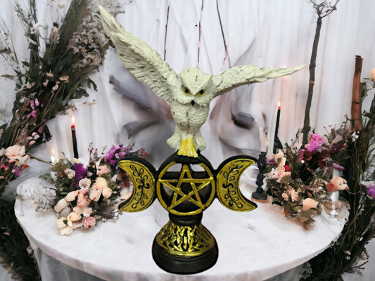 Owl Pentagram Triple Moon Figurine - Wiccan Pagan Home Decoration Collectible