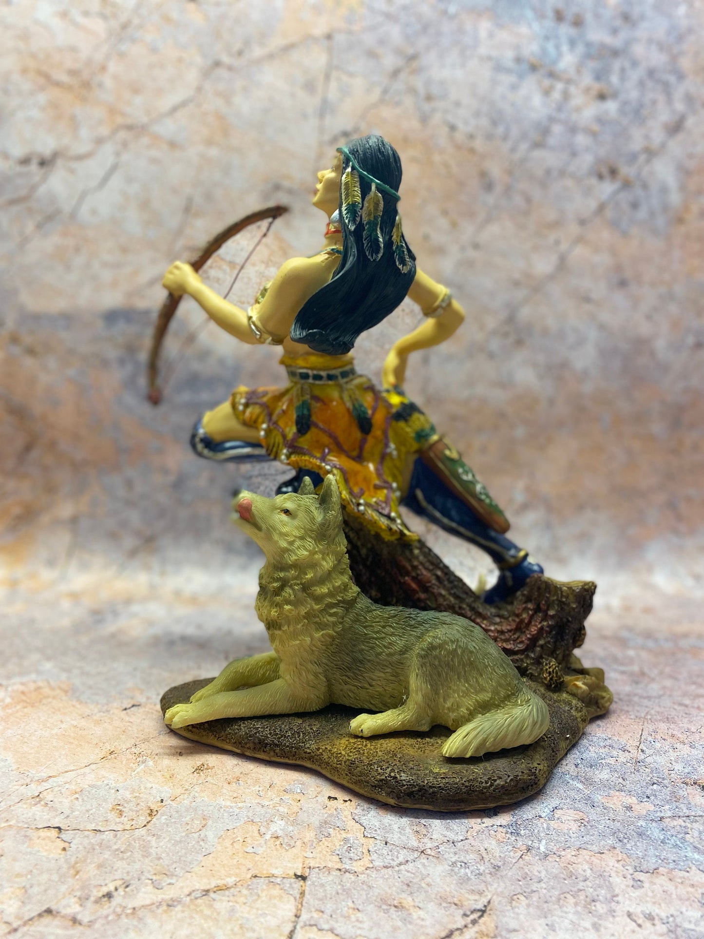 Resilient Tribal Warrior Woman Statue with Loyal Wolf, Exquisite Resin Craftsmanship, 22x17cm – Empowering Home Decor