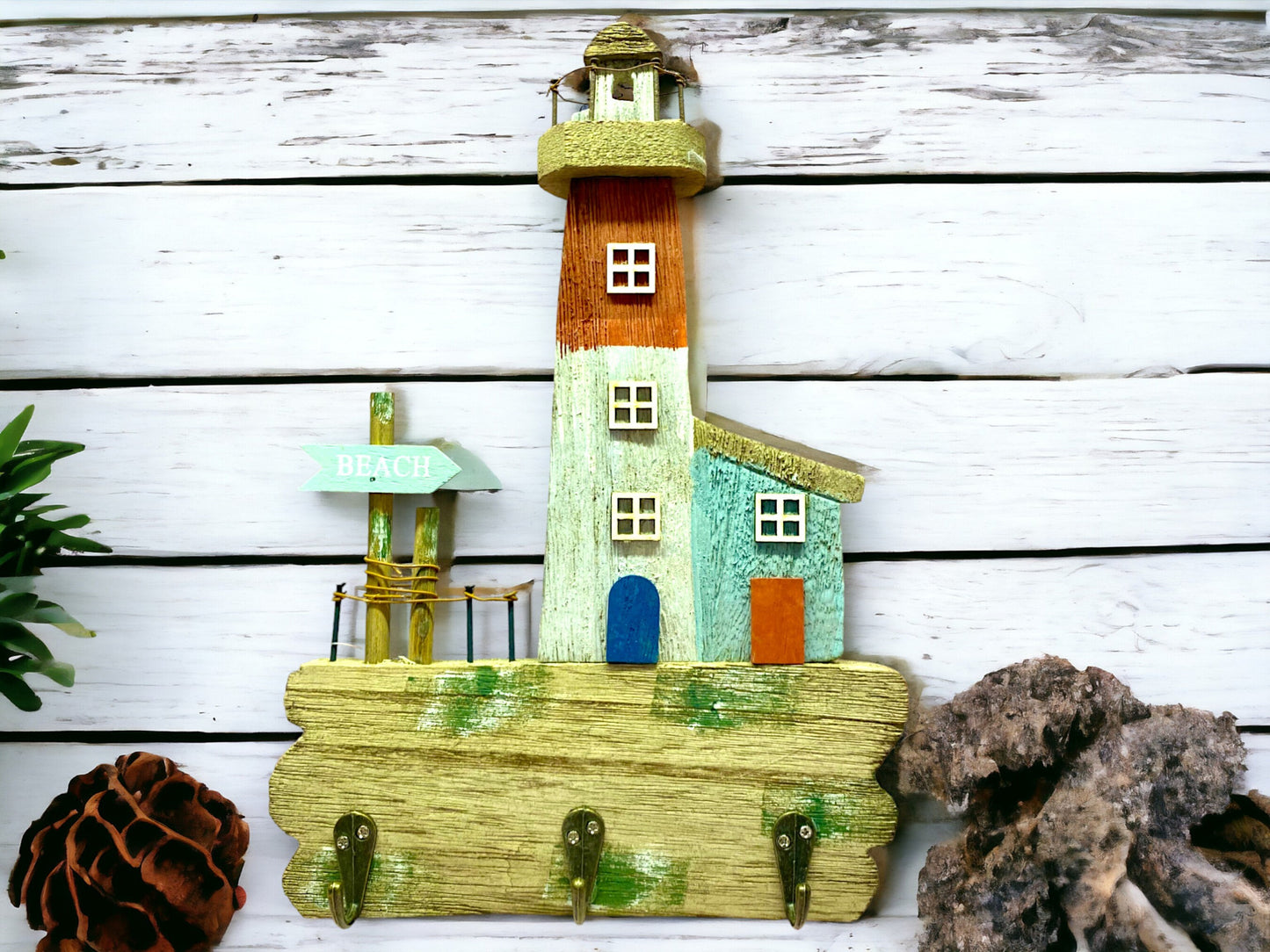 Charming Coastal Lighthouse Key Holder – Reclaimed Wood Nautical Wall Decor with Hooks