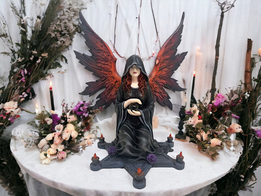 Enigmatic Dark Enchantress Resin Statue with Crystal Ball - Gothic Altar Pentagram Figure, Mystic Decor-Osiris Craftworks