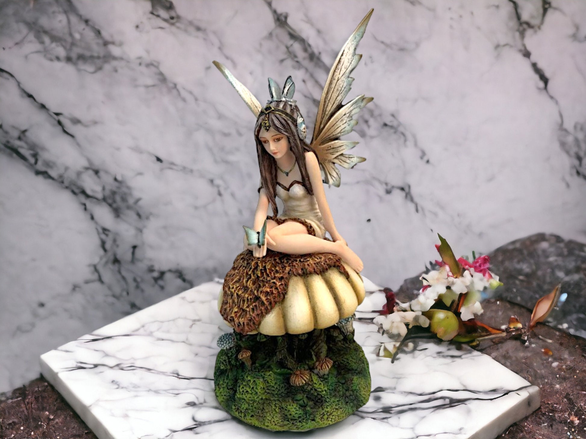 Whimsical Woodland Fairy Statue on Toadstool - Enchanted Forest Resin Figurine, Nature-Inspired Decor-Osiris Craftworks