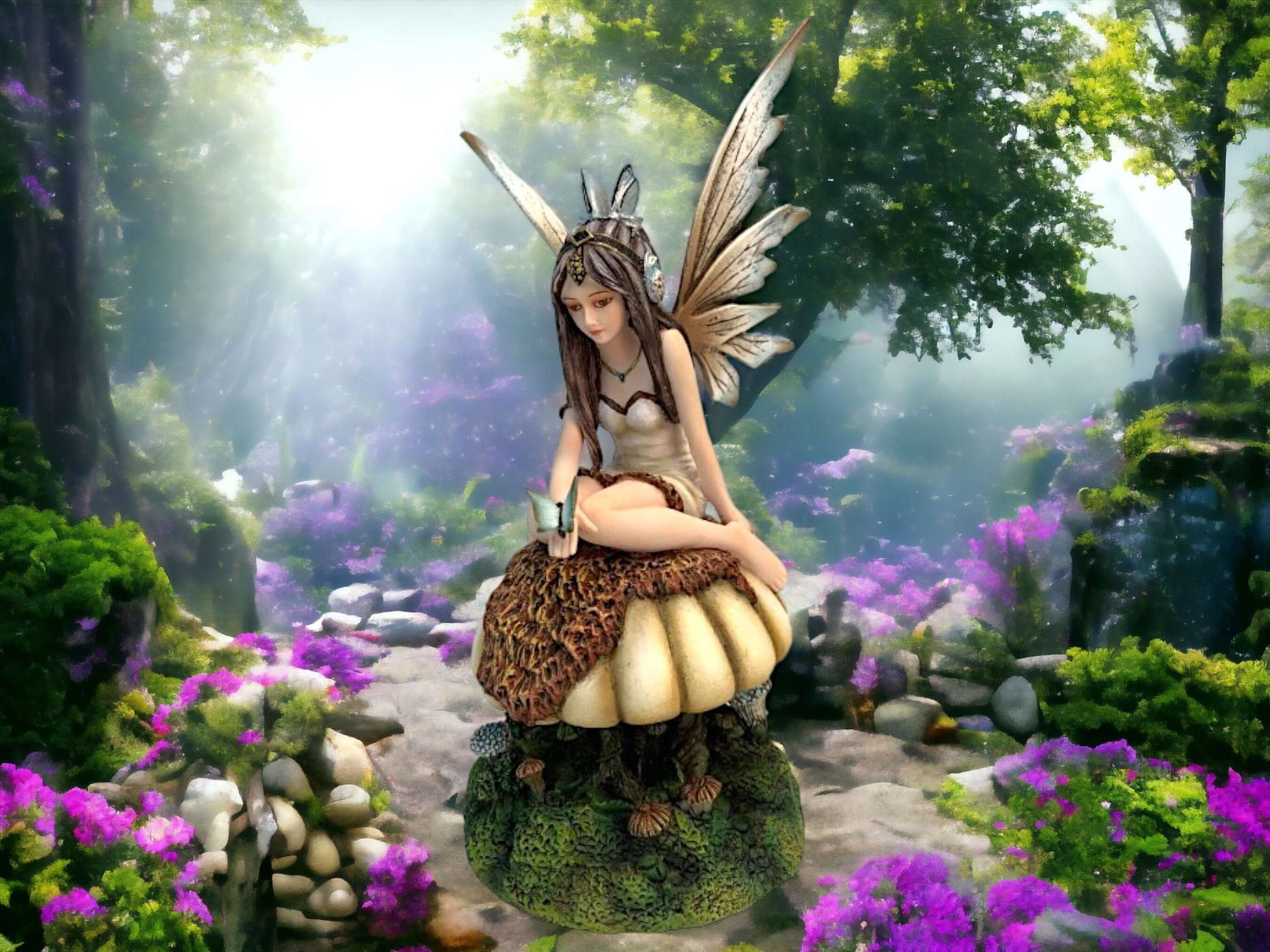 Whimsical Woodland Fairy Statue on Toadstool - Enchanted Forest Resin Figurine, Nature-Inspired Decor-Osiris Craftworks