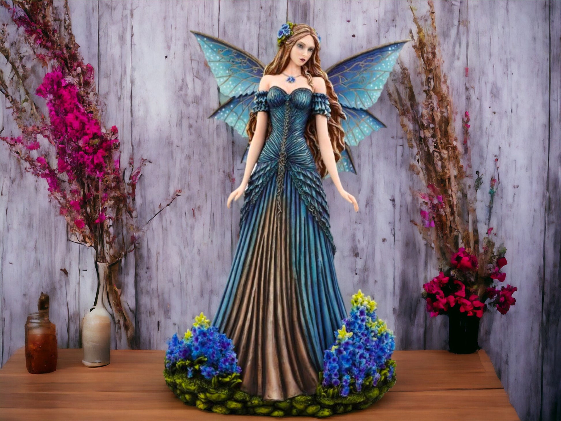 Royal Azure Enchantment - Elegant Resin Fairy Statue with Iridescent Wings, Majestic Garden Fairy Collectible, Enchanted Forest Decor-Osiris Craftworks